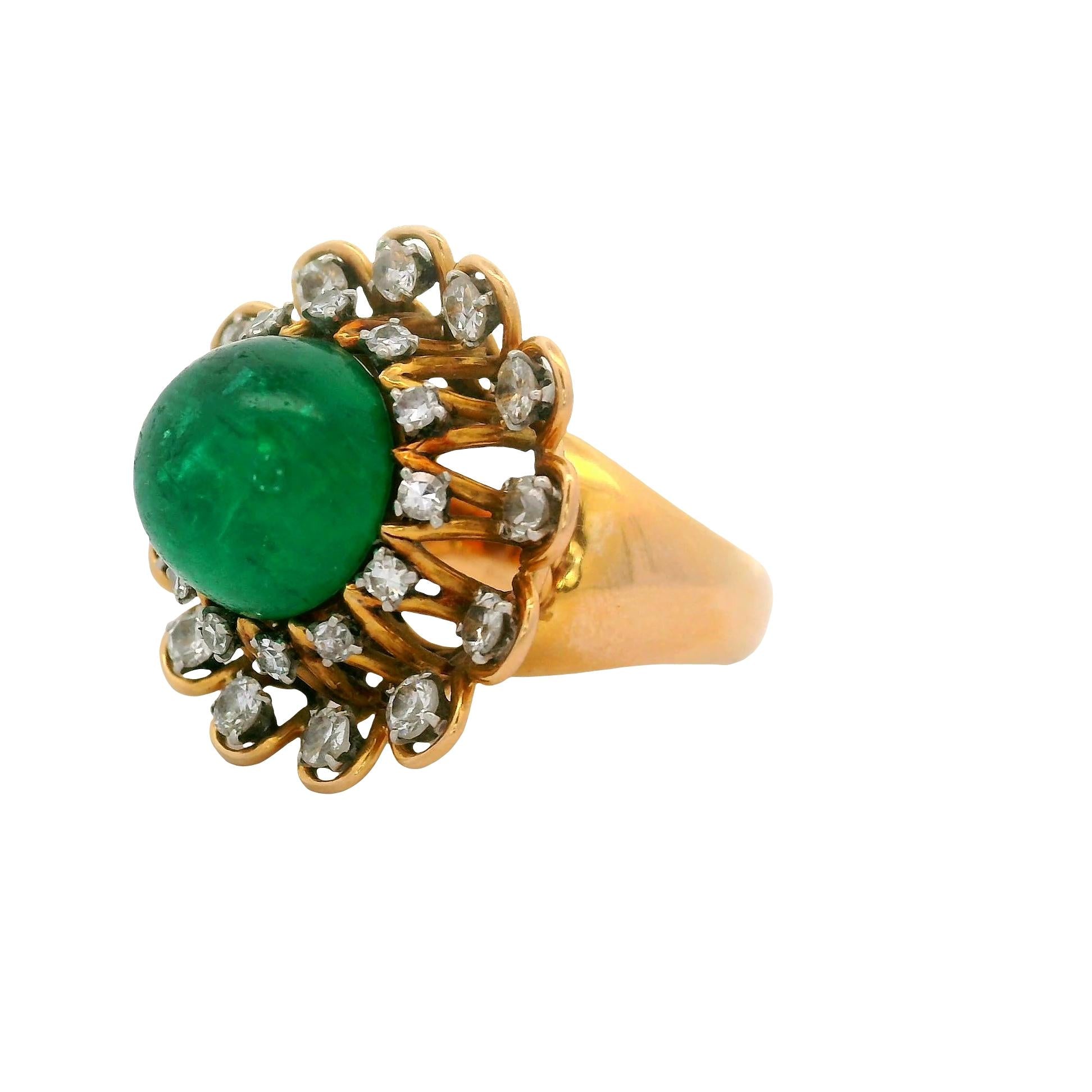 French 6.00 Carat Emerald Diamond 18K Yellow Gold Double Halo Ring