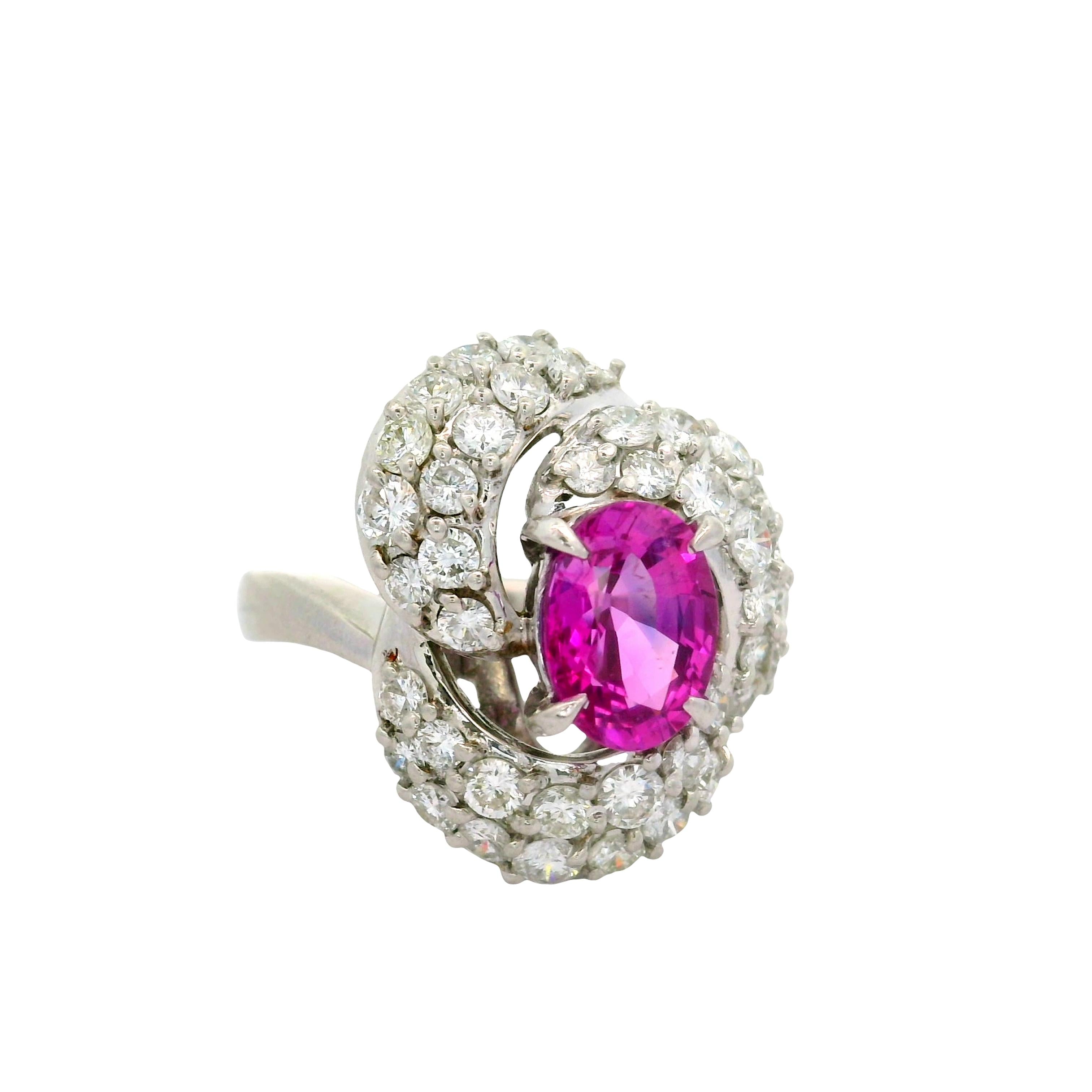 2.04 Carat Pink Sapphire Diamond Platinum Spiral Ring