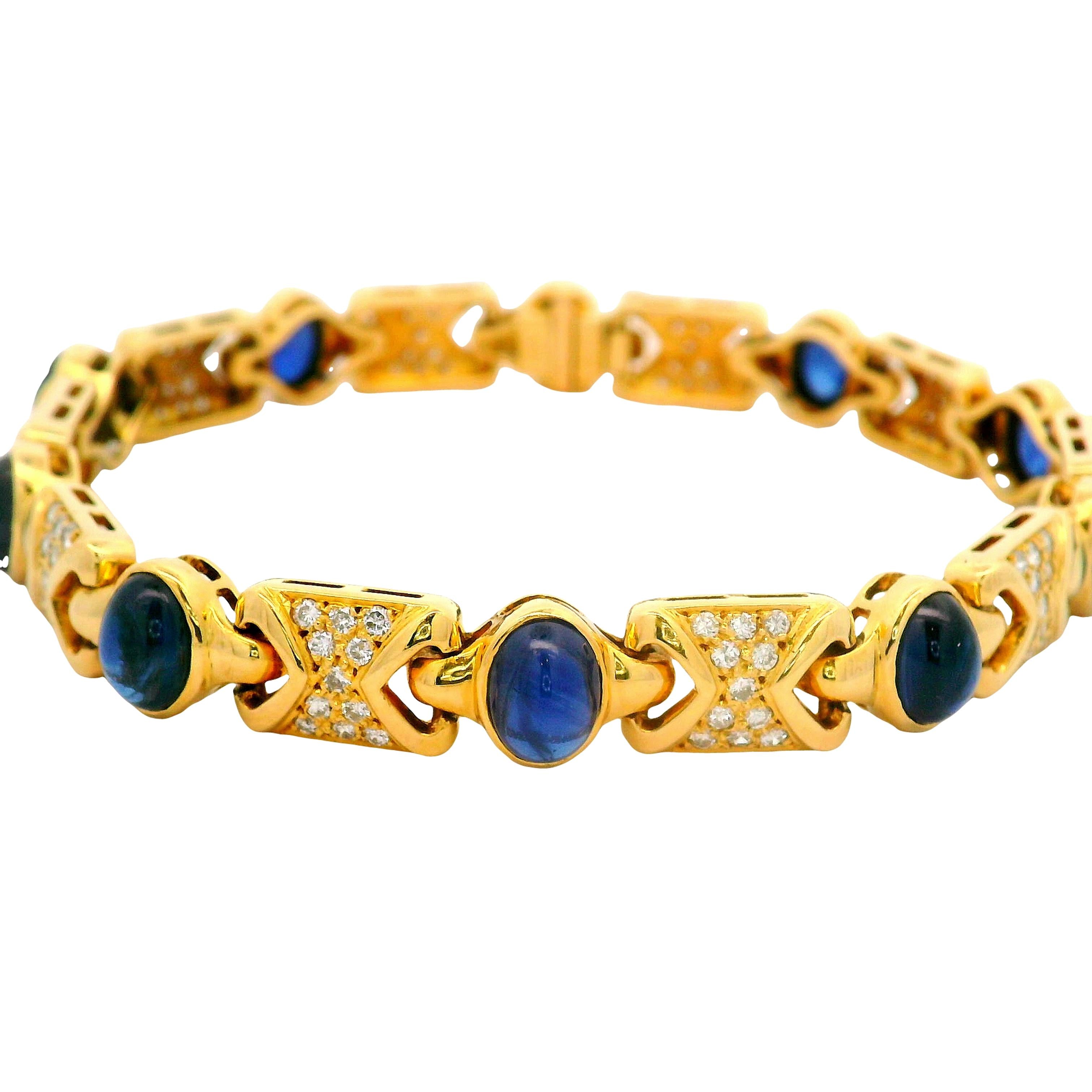Blue Sapphire Diamond 18K Yellow Link Bracelet