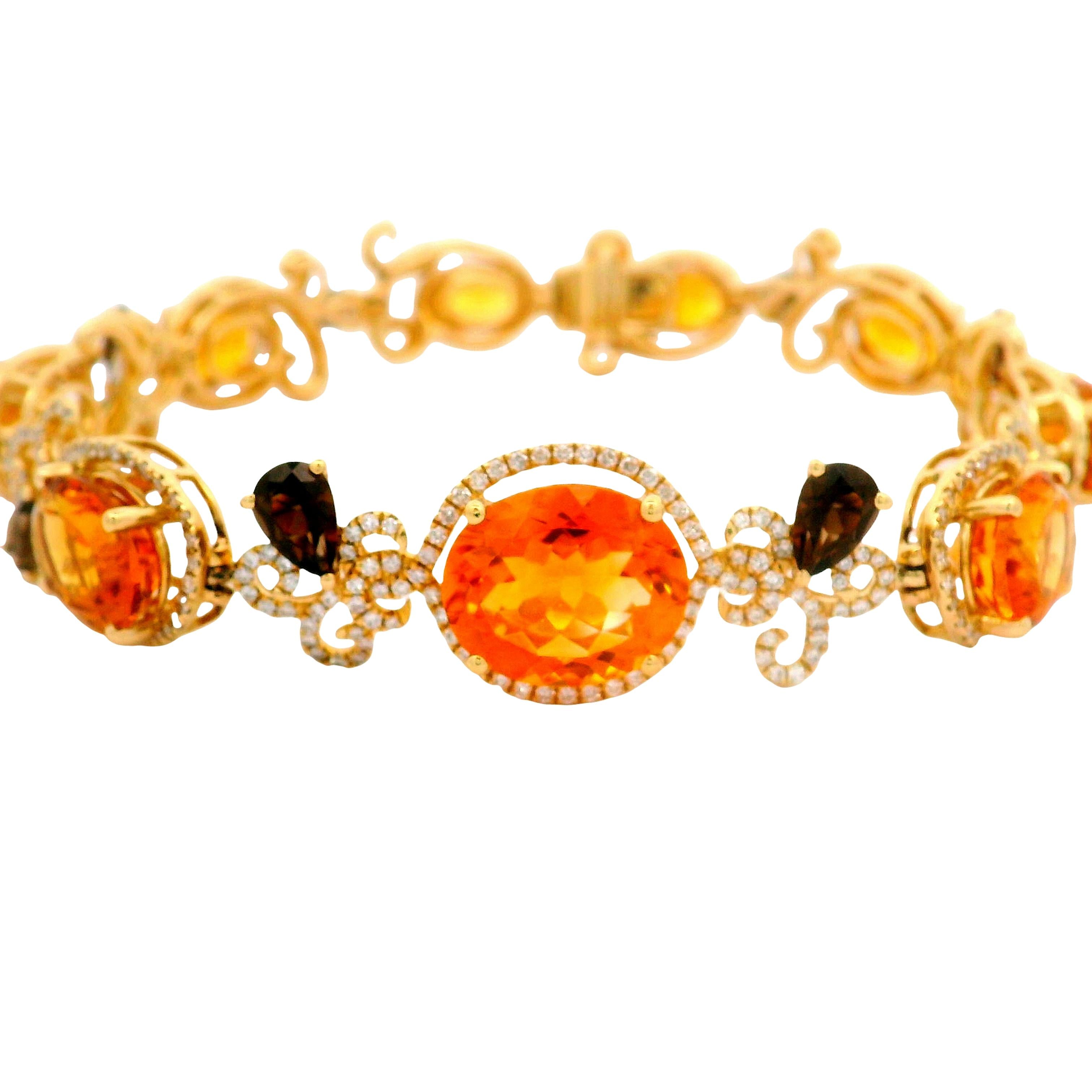 Citrine Smoky Topaz Diamond 14K Yellow Gold Halo Filigree Bracelet