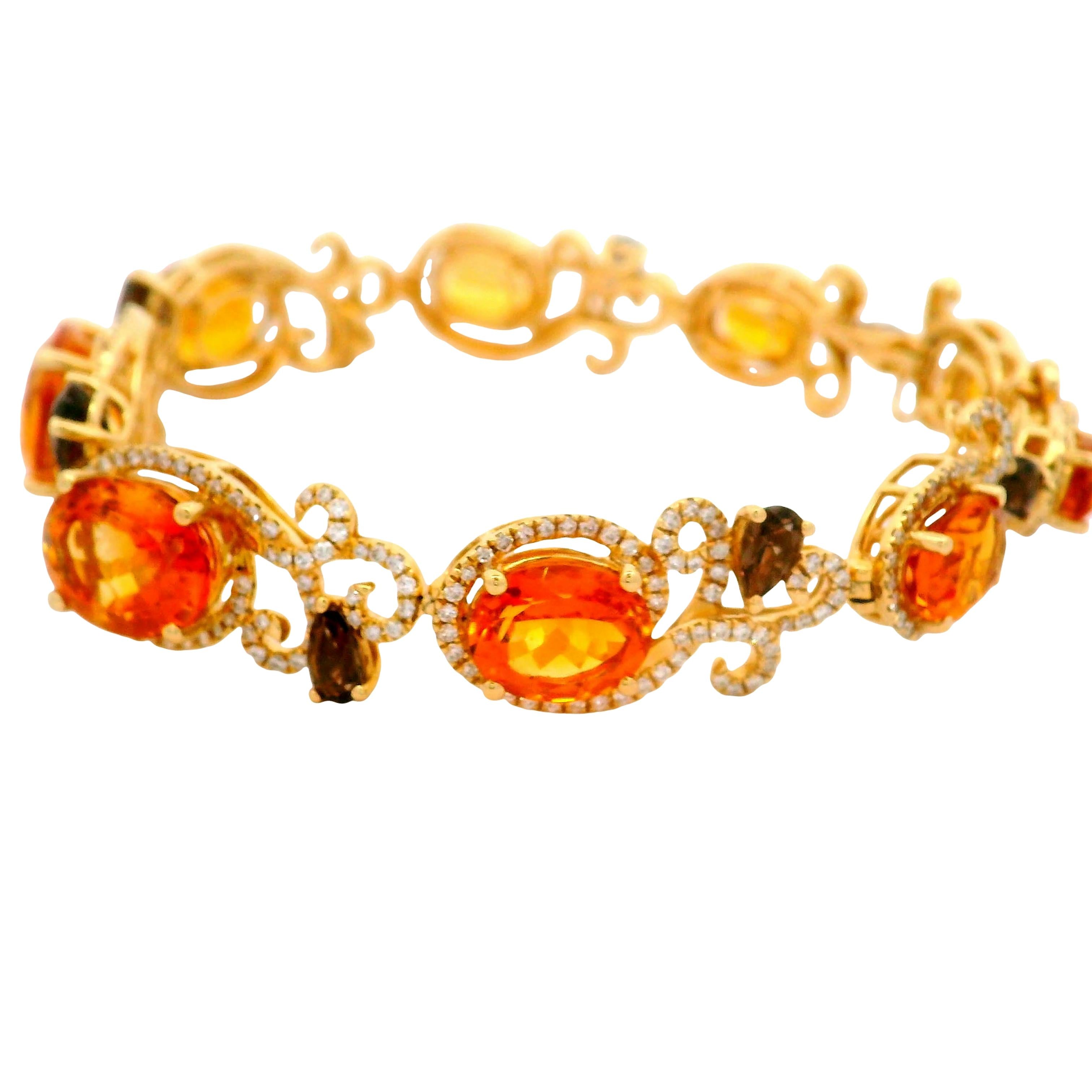 Citrine Smoky Topaz Diamond 14K Yellow Gold Halo Filigree Bracelet