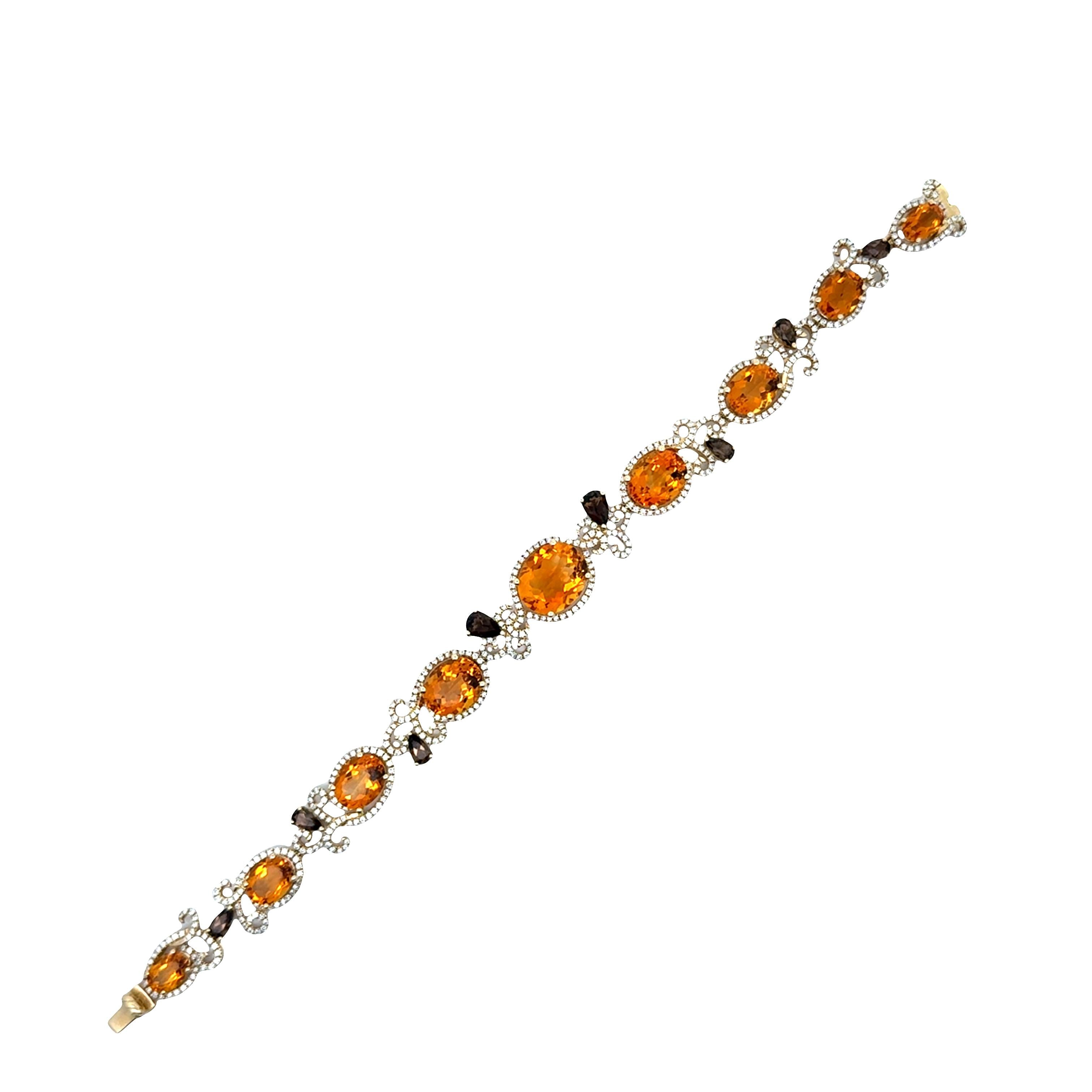 Citrine Smoky Topaz Diamond 14K Yellow Gold Halo Filigree Bracelet