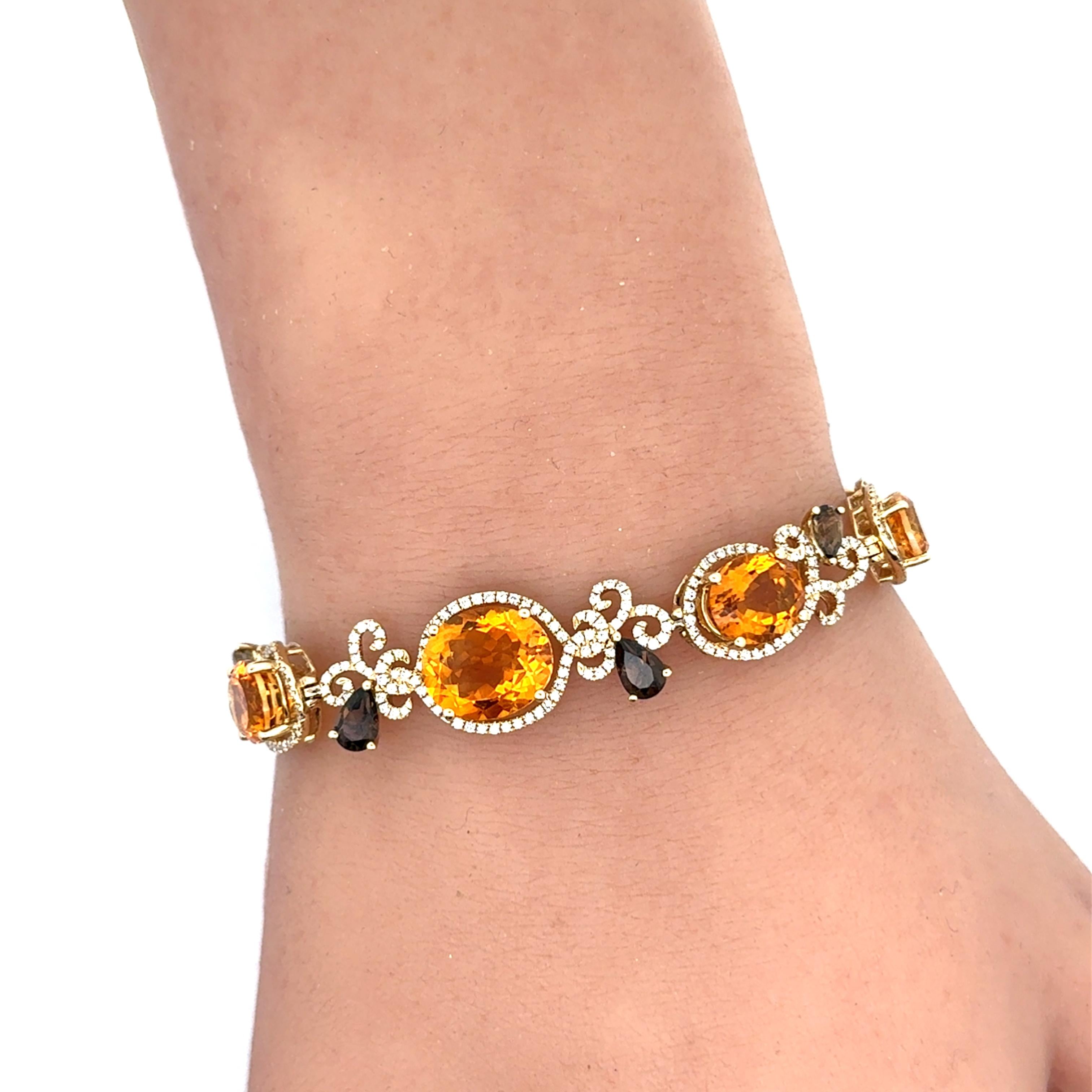 Citrine Smoky Topaz Diamond 14K Yellow Gold Halo Filigree Bracelet