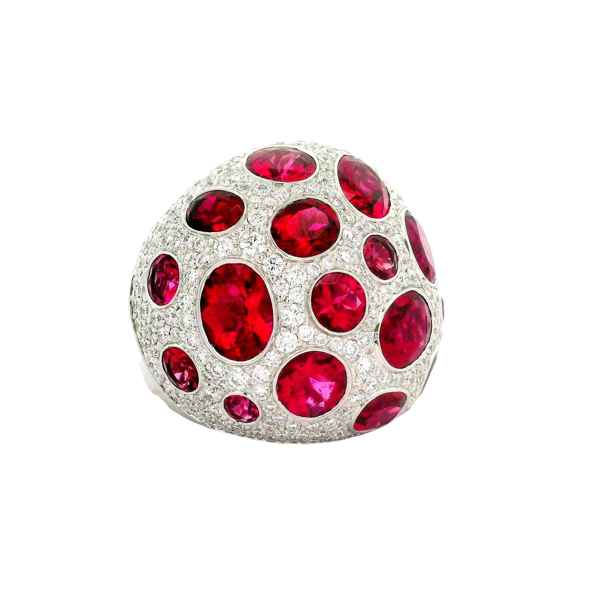 Rubellite Tourmaline Diamond 18K White Gold Dome Cocktail Ring