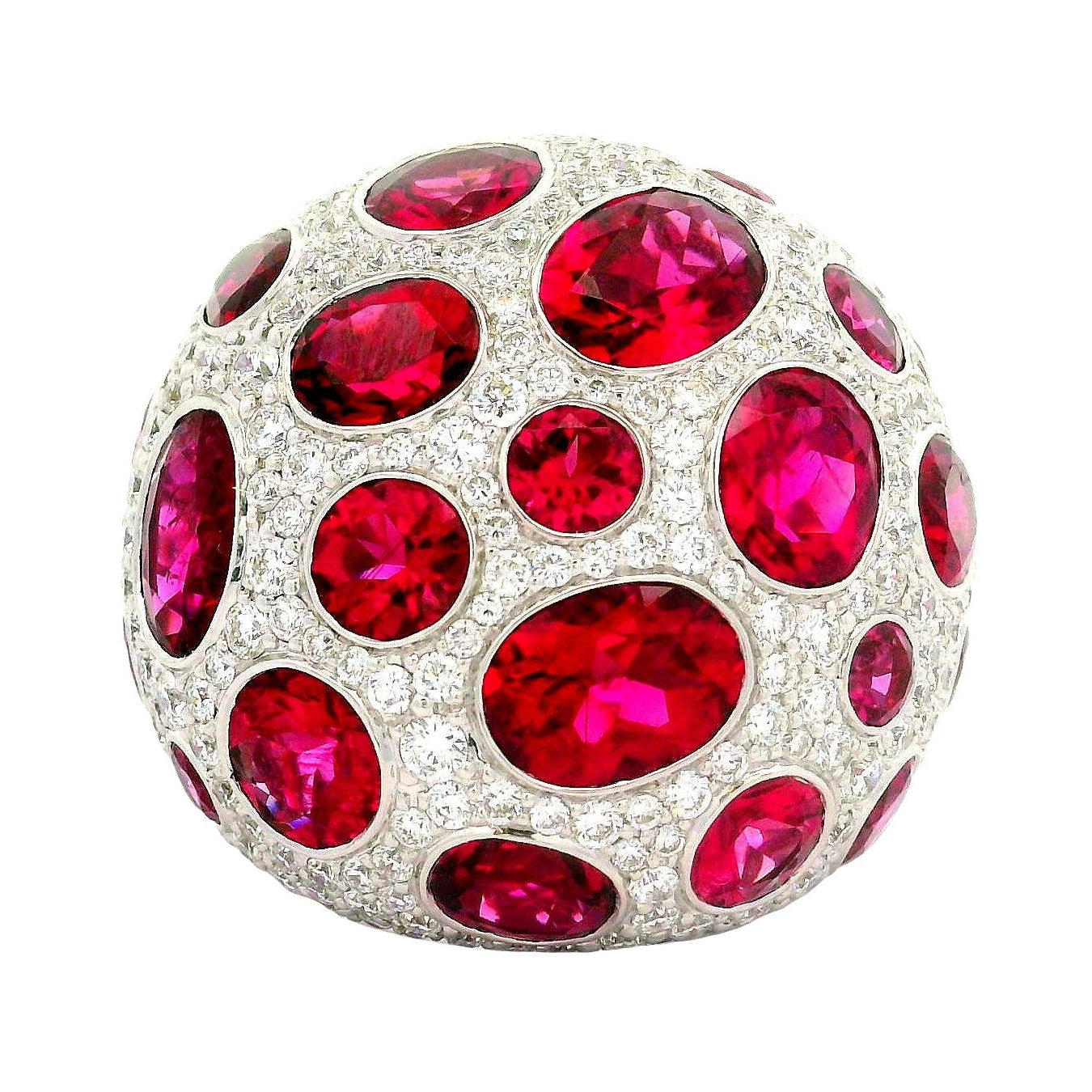 Rubellite Tourmaline Diamond 18K White Gold Dome Cocktail Ring