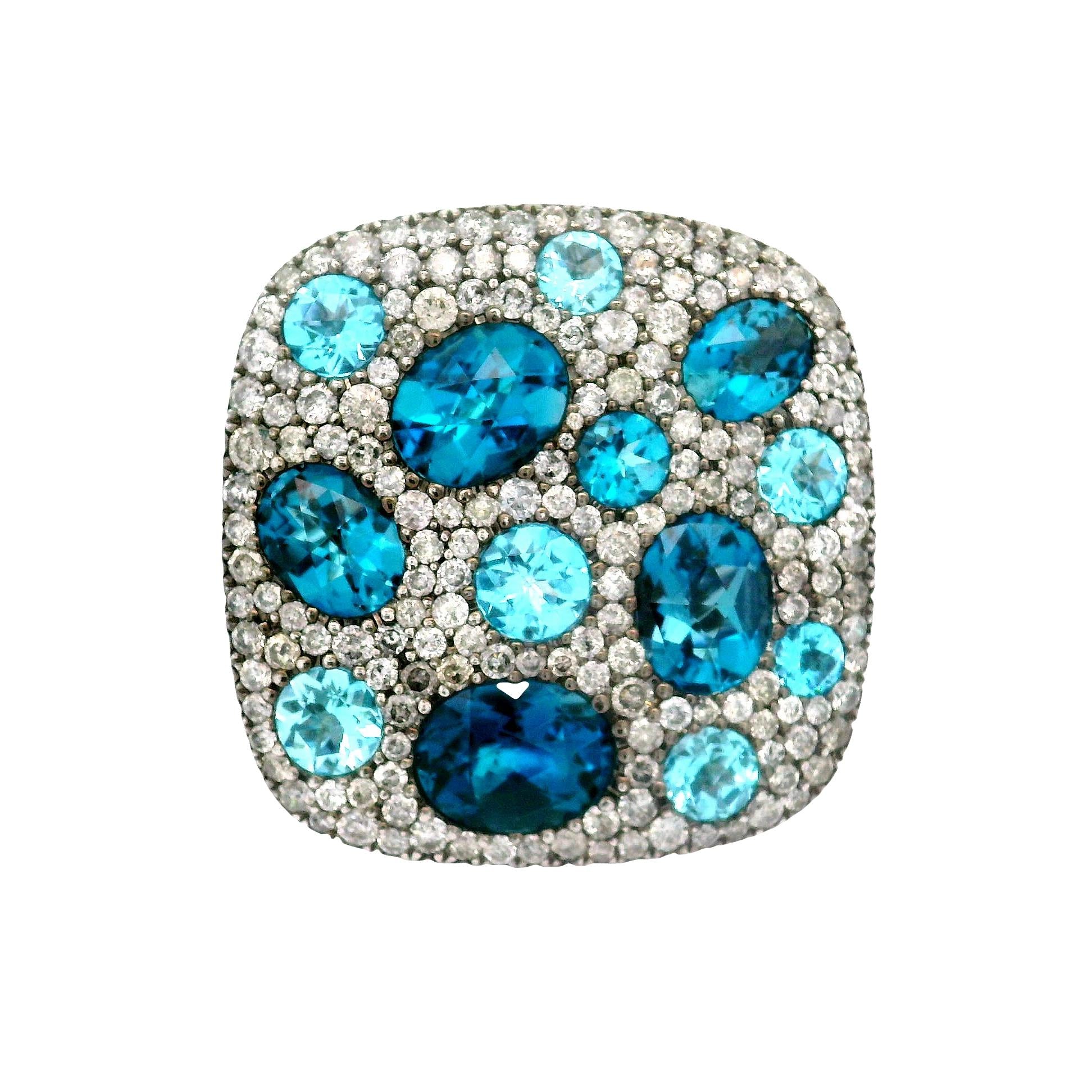 Blue Topaz Diamond 18K White Gold Pave Flat-top Ring