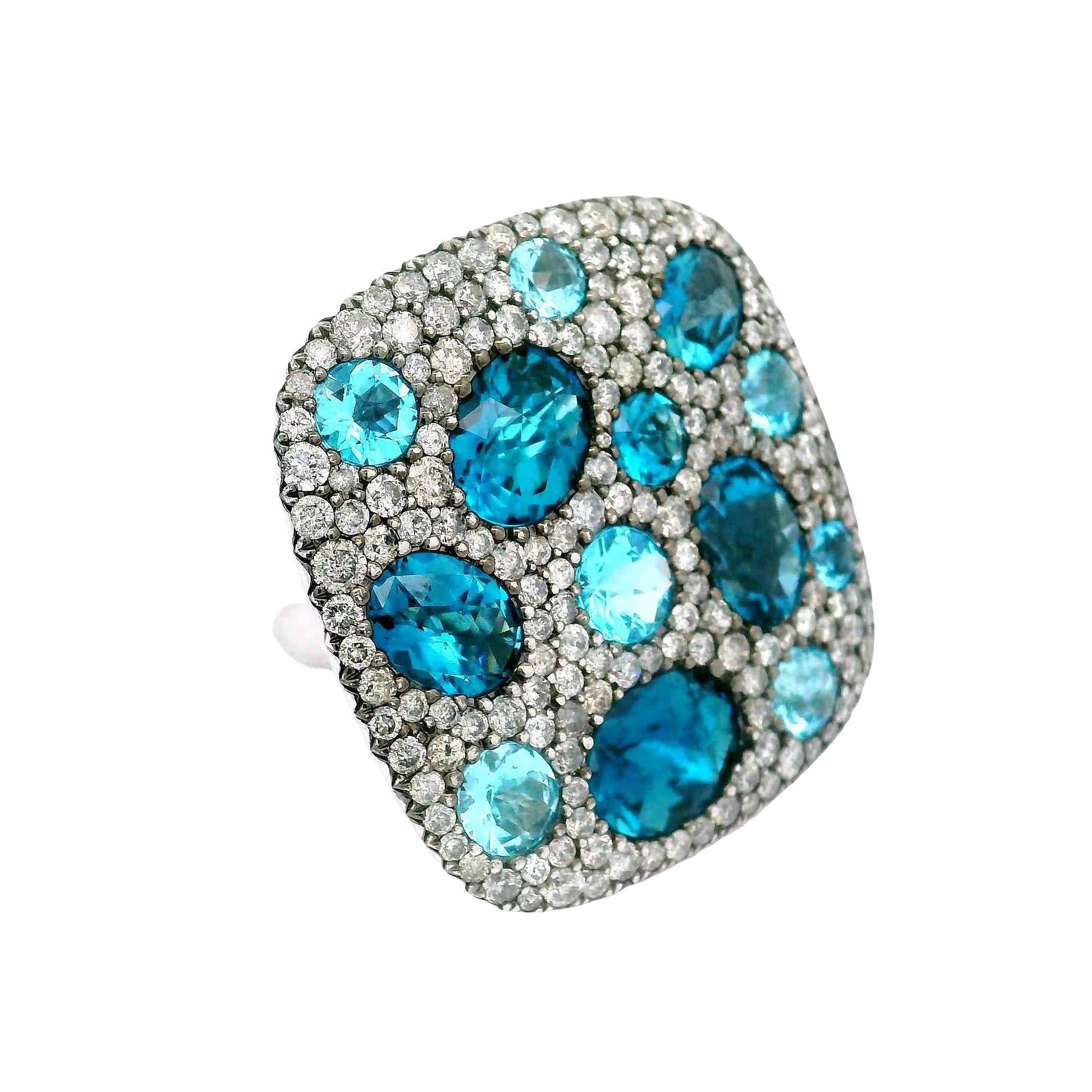 Blue Topaz Diamond 18K White Gold Pave Flat-top Ring