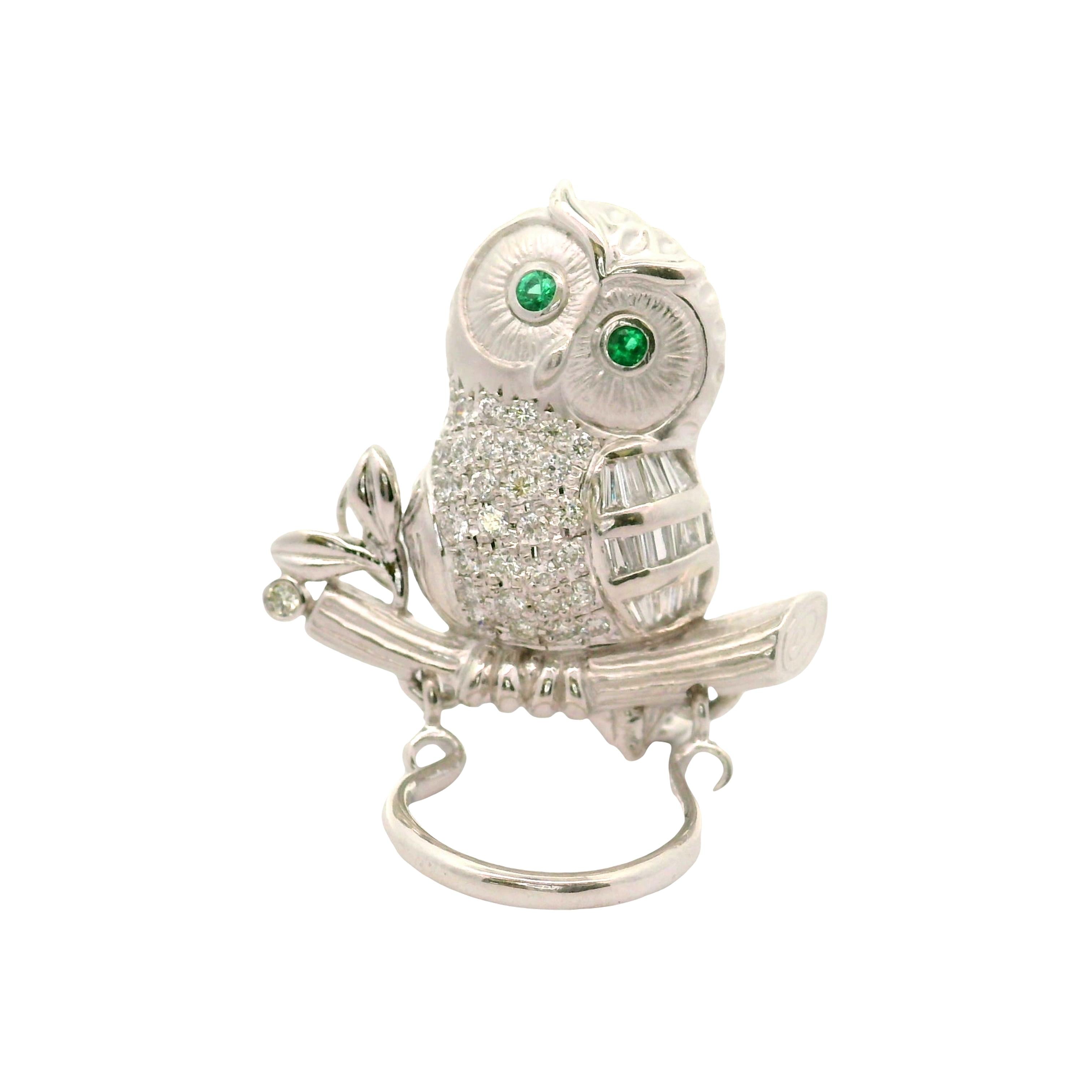 Diamond Emerald 18K White Gold Owl Brooch-Pendant