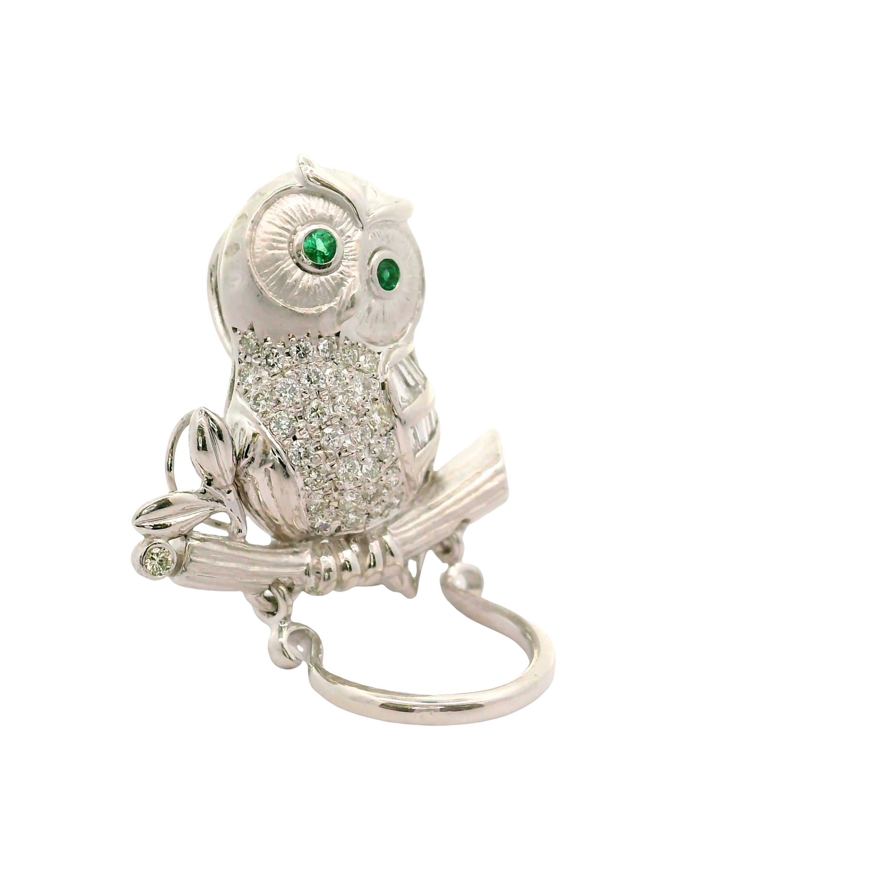 Diamond Emerald 18K White Gold Owl Brooch-Pendant