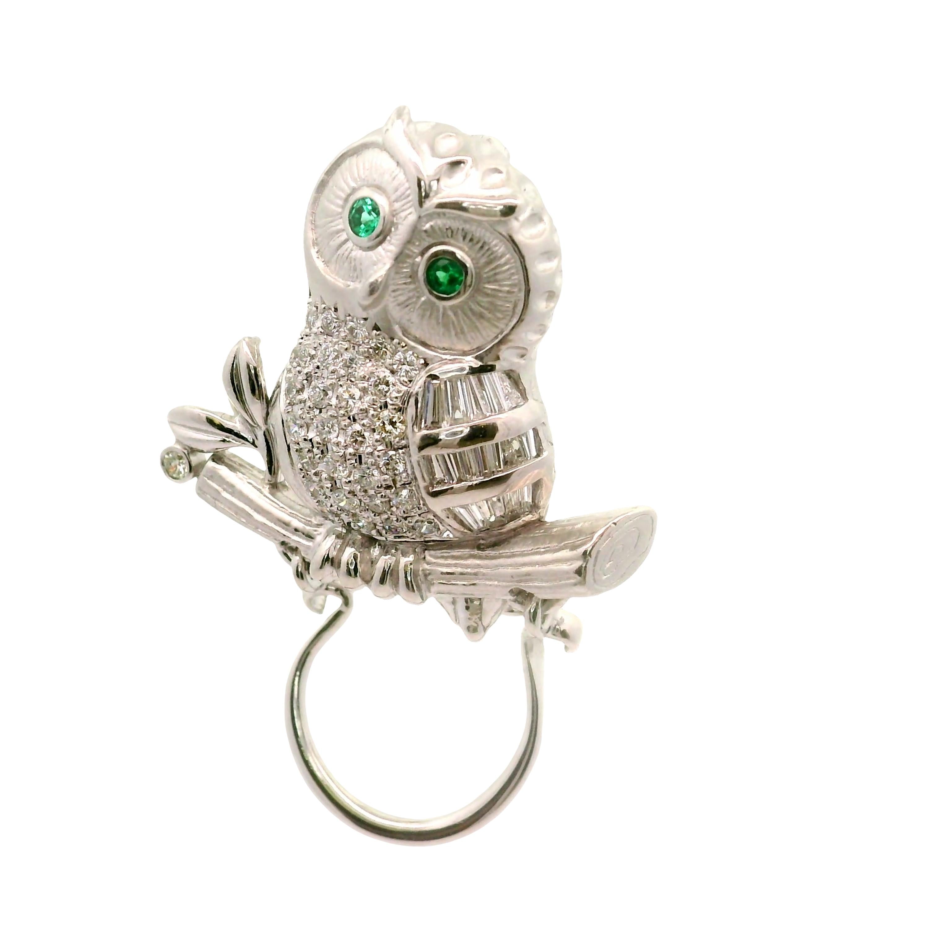 Diamond Emerald 18K White Gold Owl Brooch-Pendant