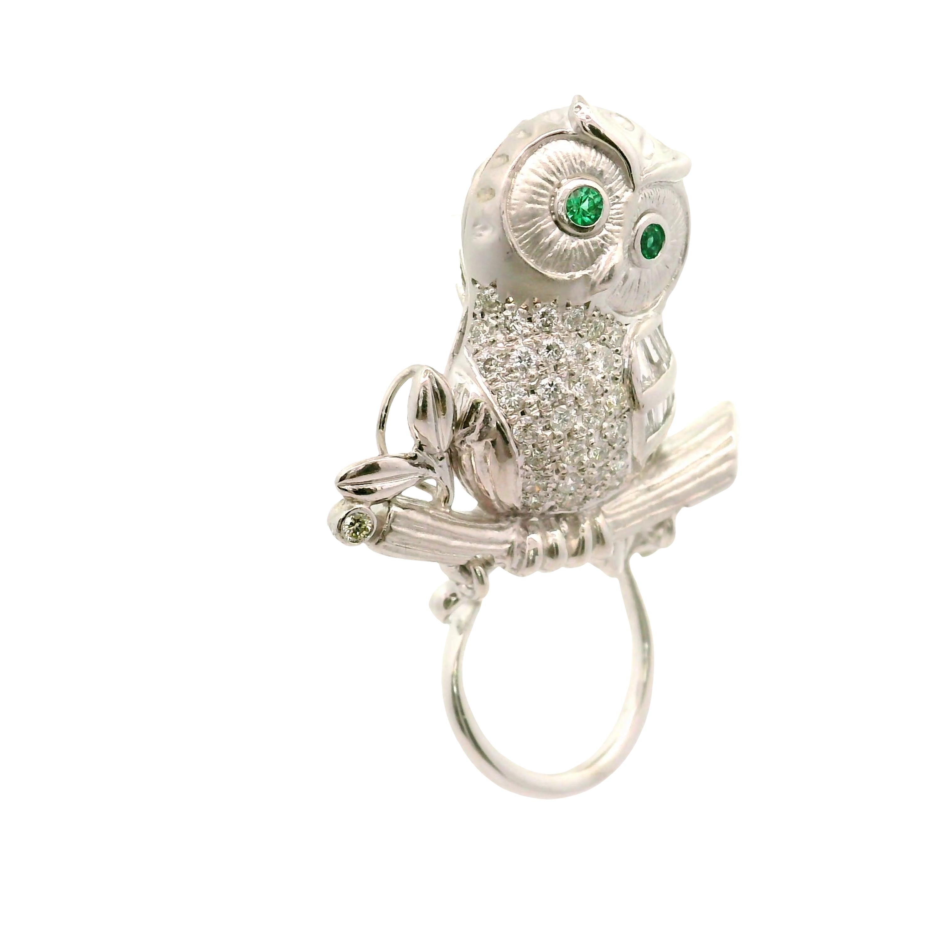 Diamond Emerald 18K White Gold Owl Brooch-Pendant