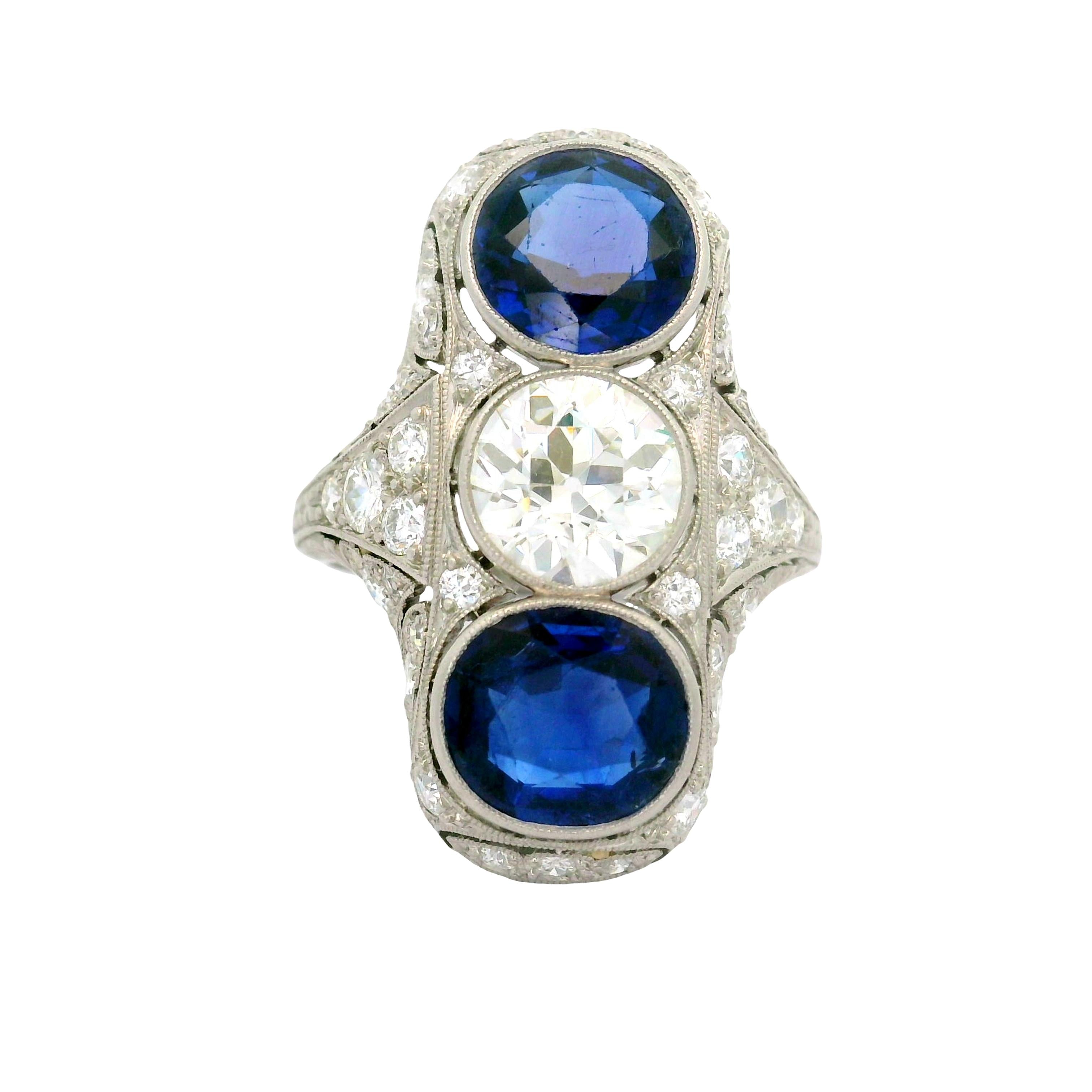 Art Deco Blue Sapphire Diamond Platinum Navette Ring