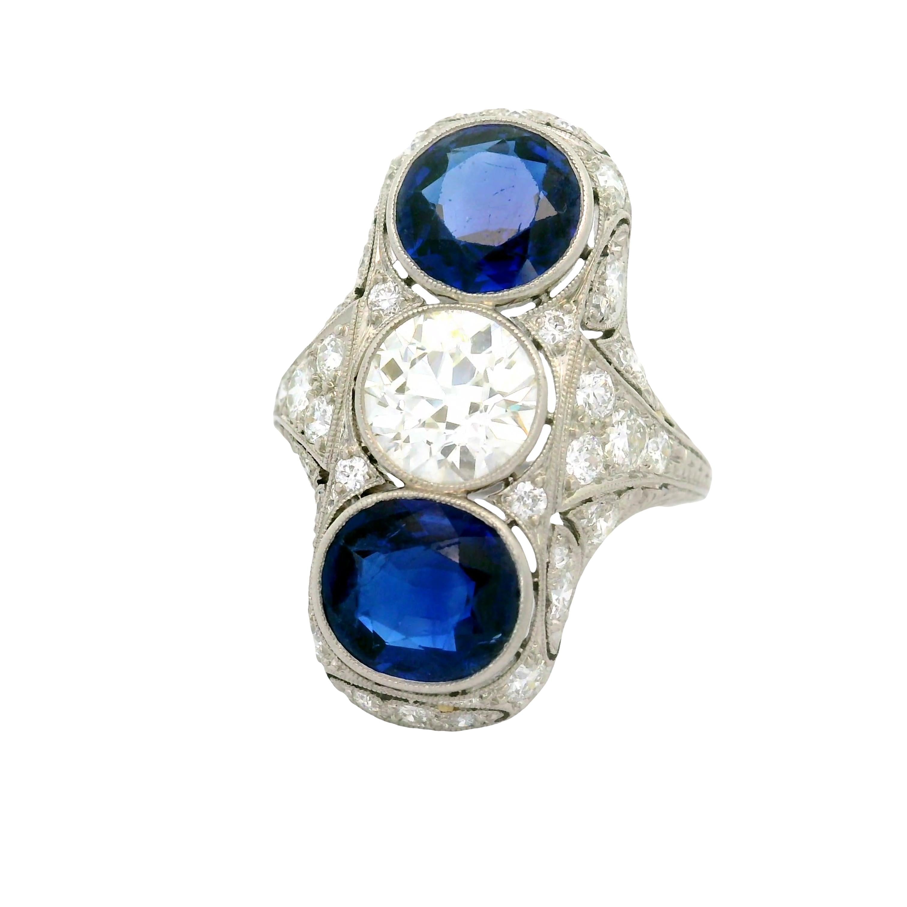 Art Deco Blue Sapphire Diamond Platinum Navette Ring