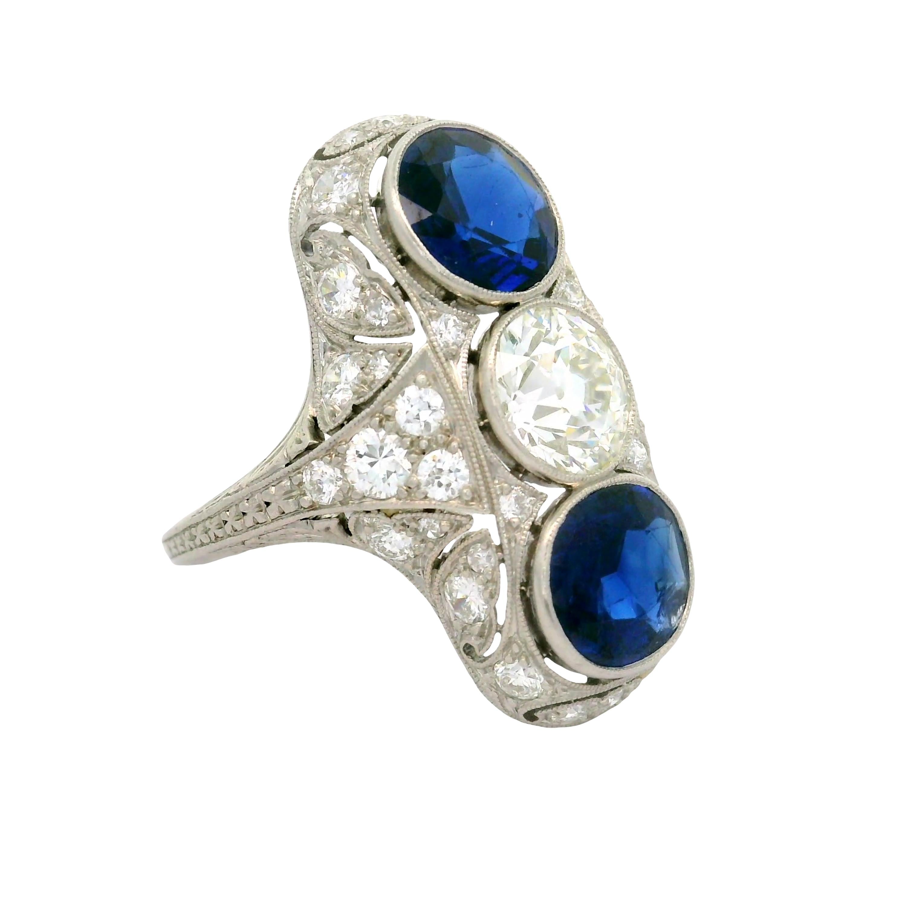 Art Deco Blue Sapphire Diamond Platinum Navette Ring