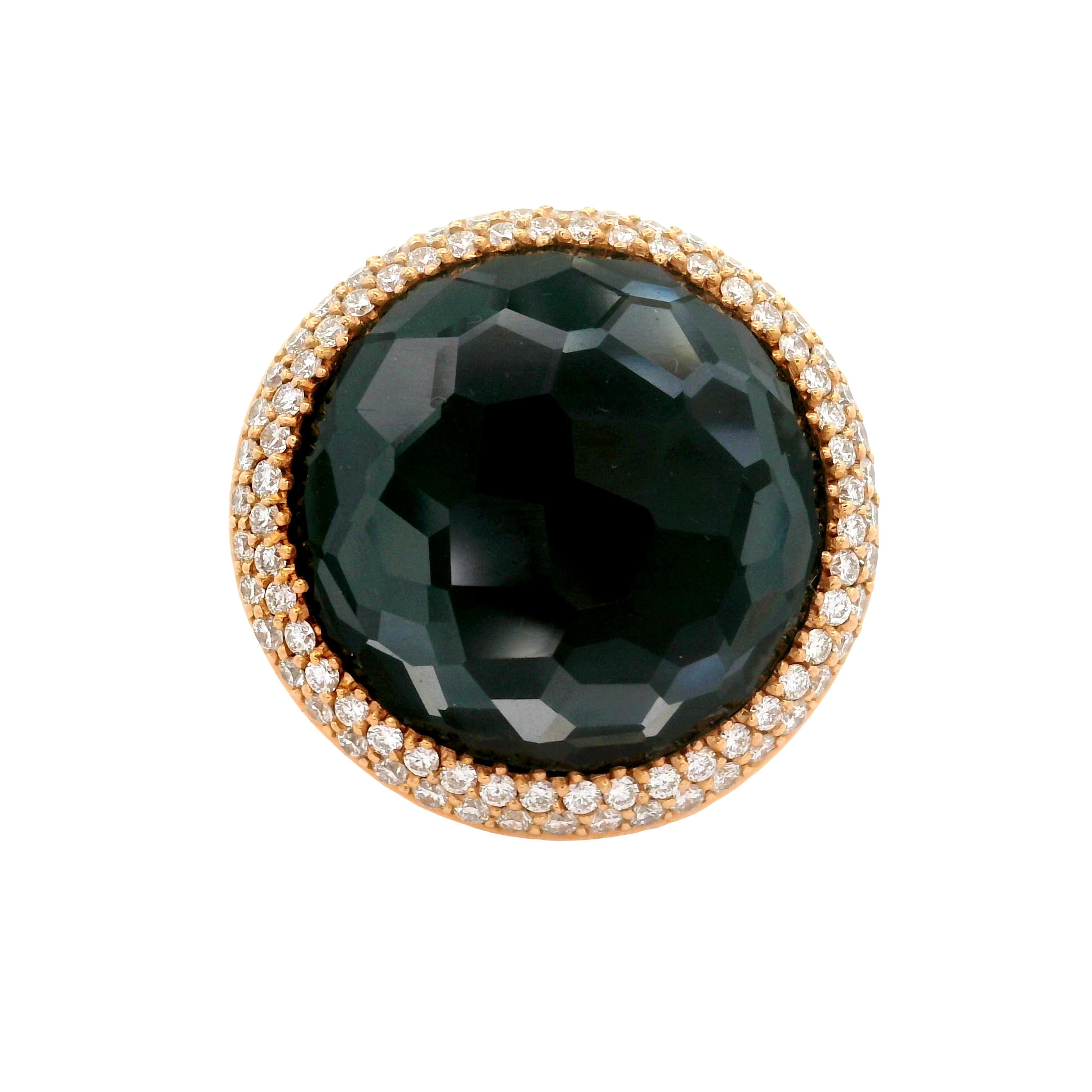 Quartz Black Onyx Diamond 18k Yellow Gold Double Halo Cocktail Ring