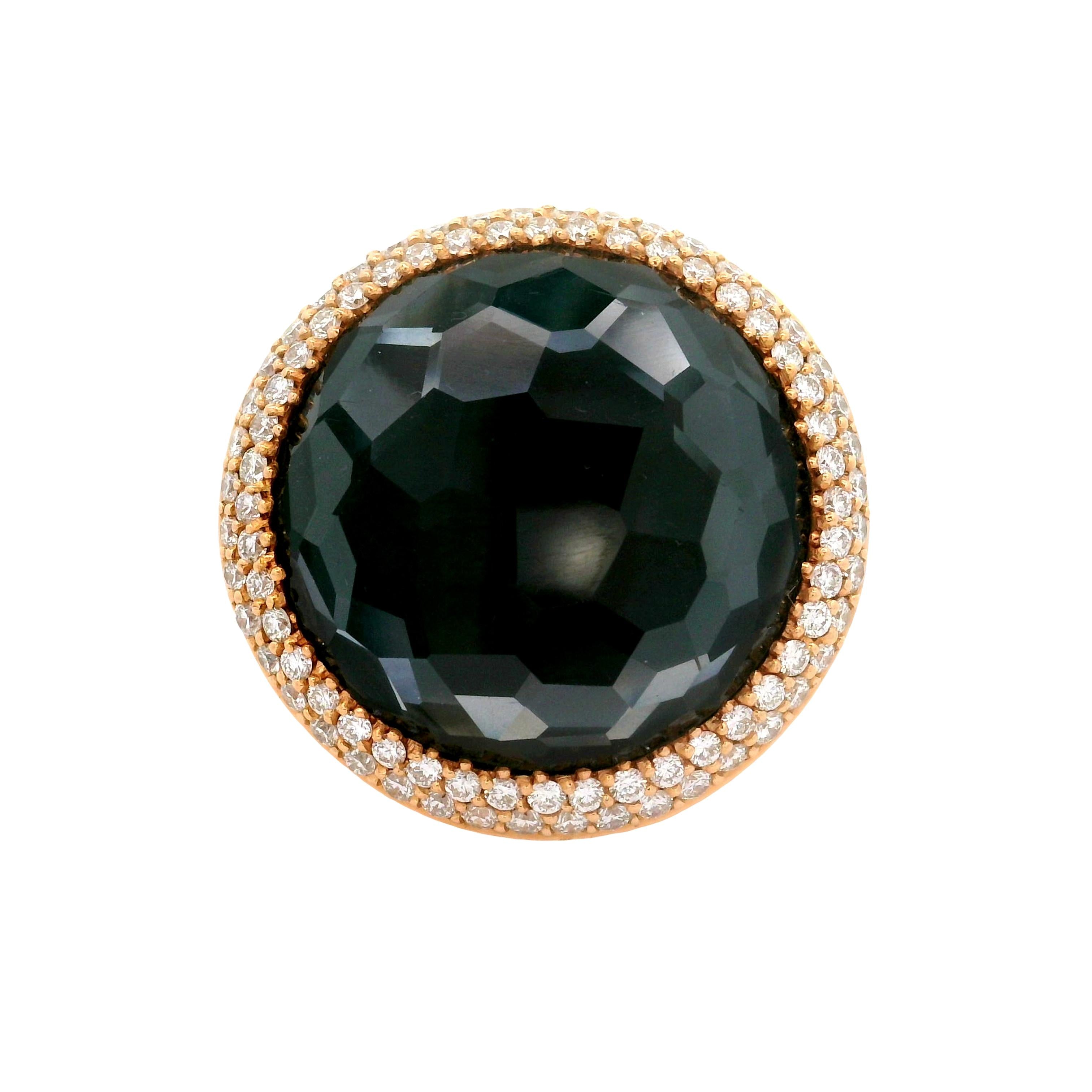 Quartz Black Onyx Diamond 18k Yellow Gold Double Halo Cocktail Ring