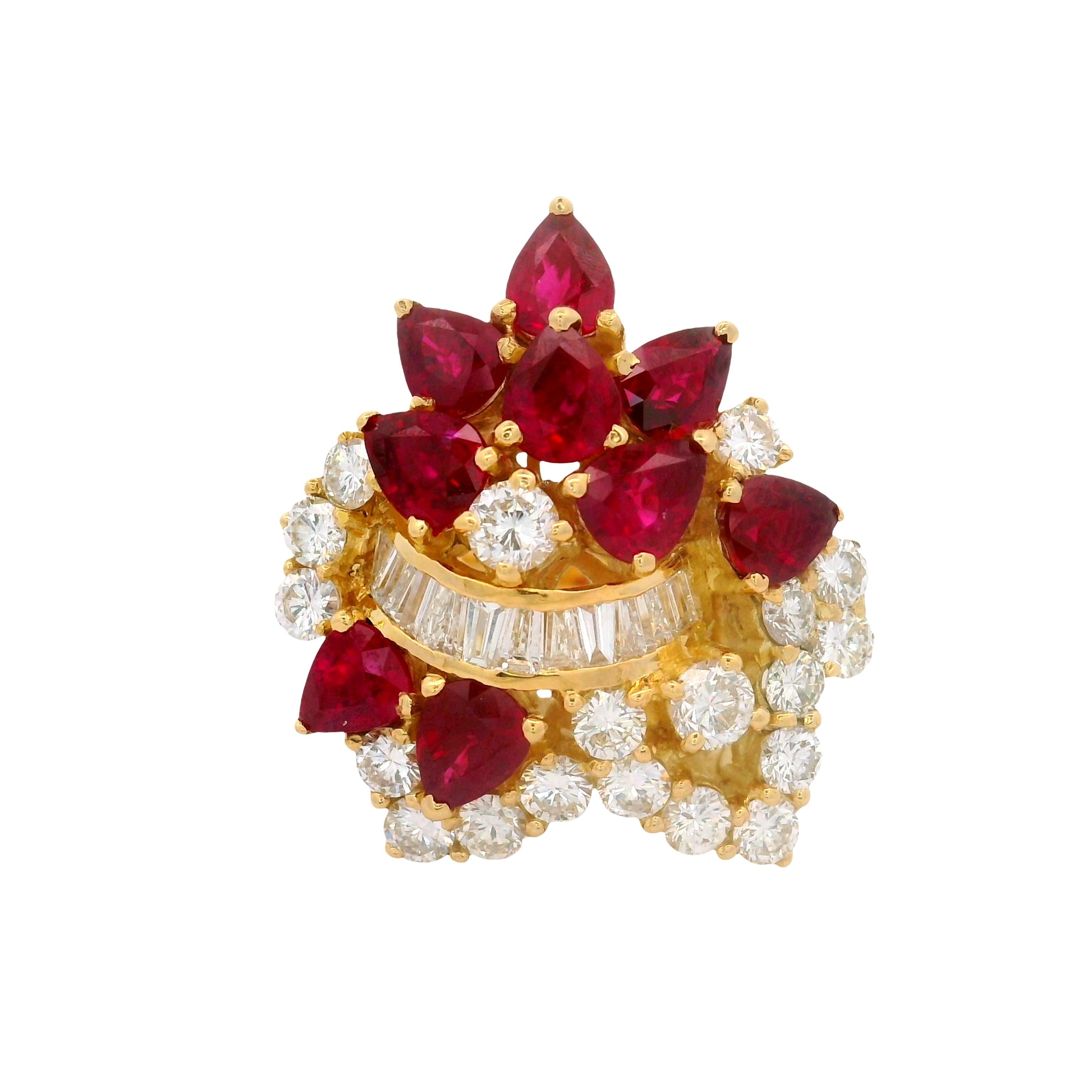 Ruby Diamond 18K Yellow Gold Cluster Cocktail Ring