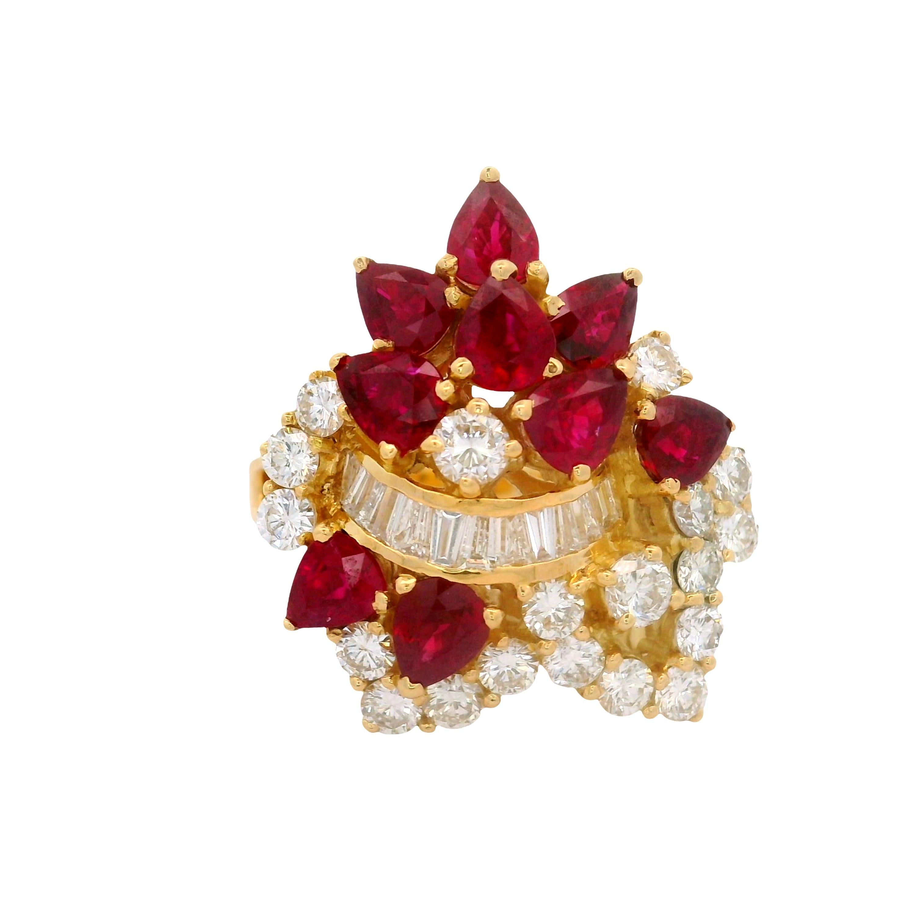 Ruby Diamond 18K Yellow Gold Cluster Cocktail Ring