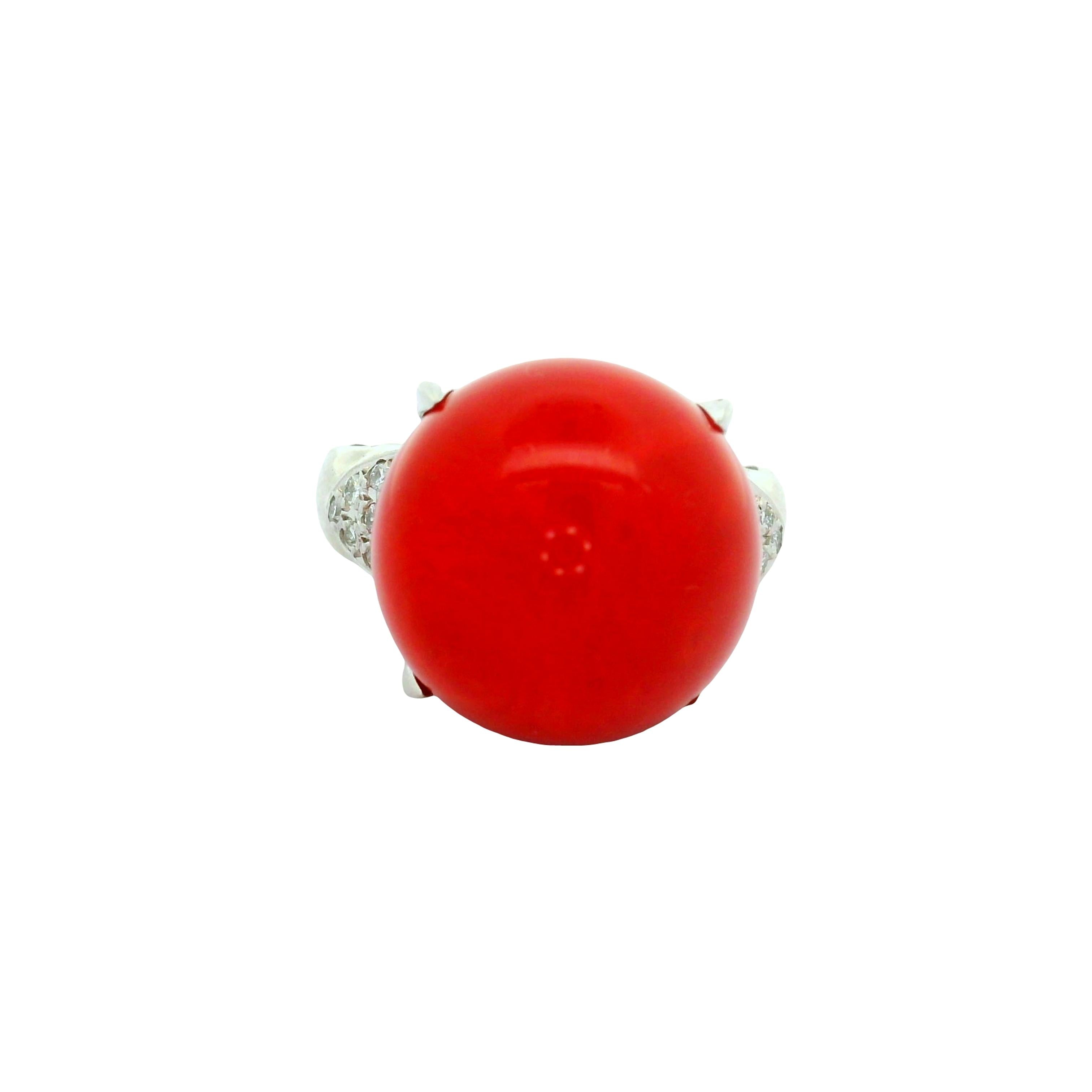 16mm Red Coral Diamond Platinum Cocktail Ring