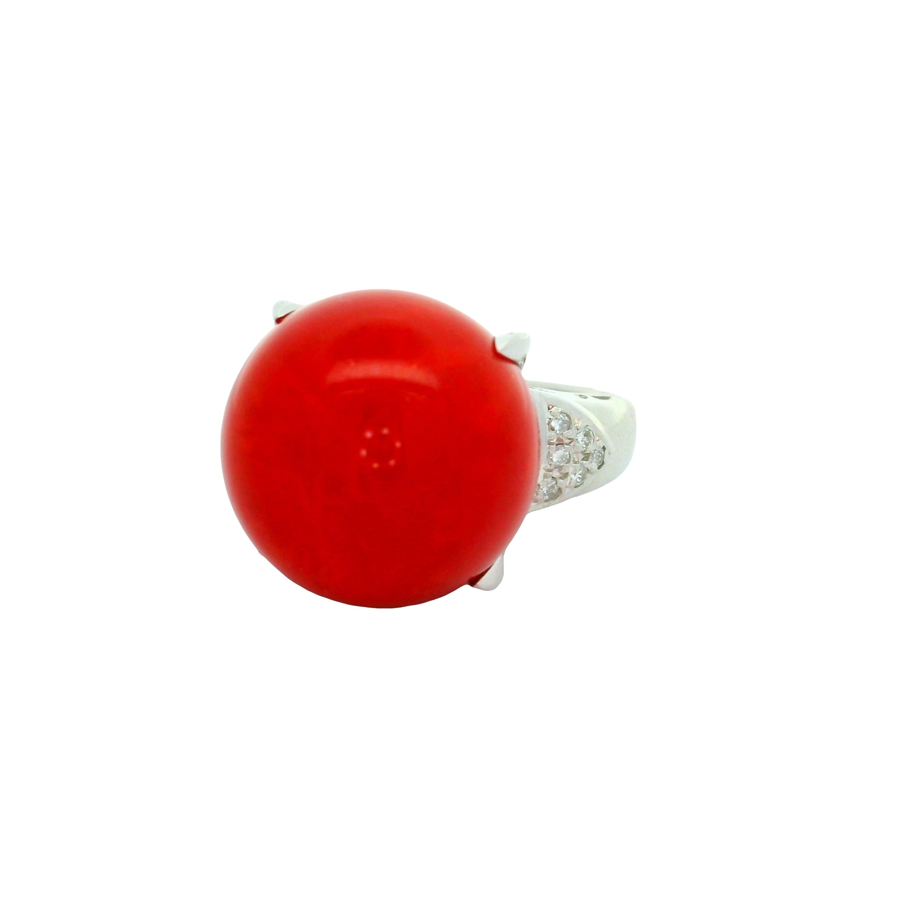 16mm Red Coral Diamond Platinum Cocktail Ring