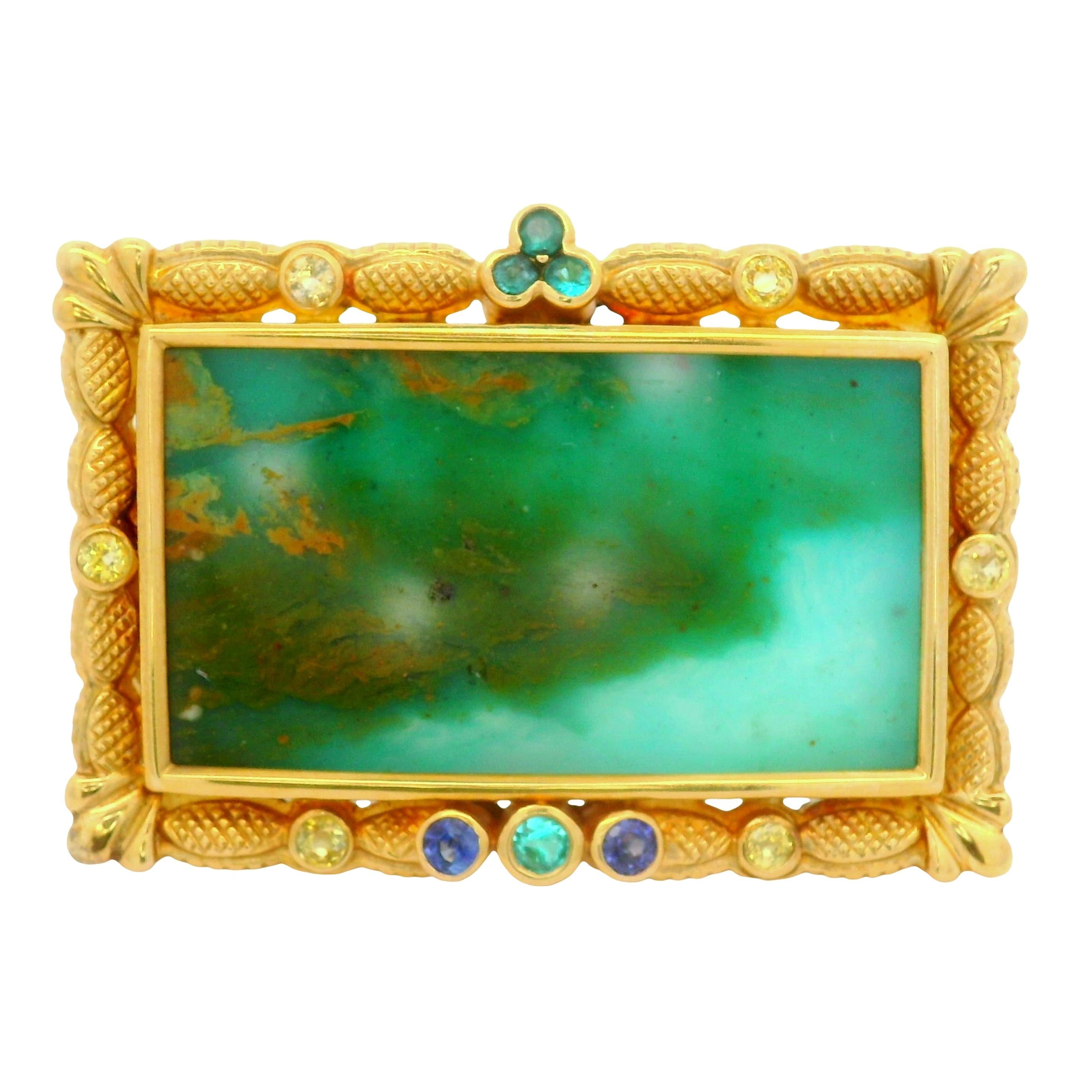 21.75 Carat Opal Sapphire Paraiba 18K Yellow Gold Portrait Brooch-Pendant