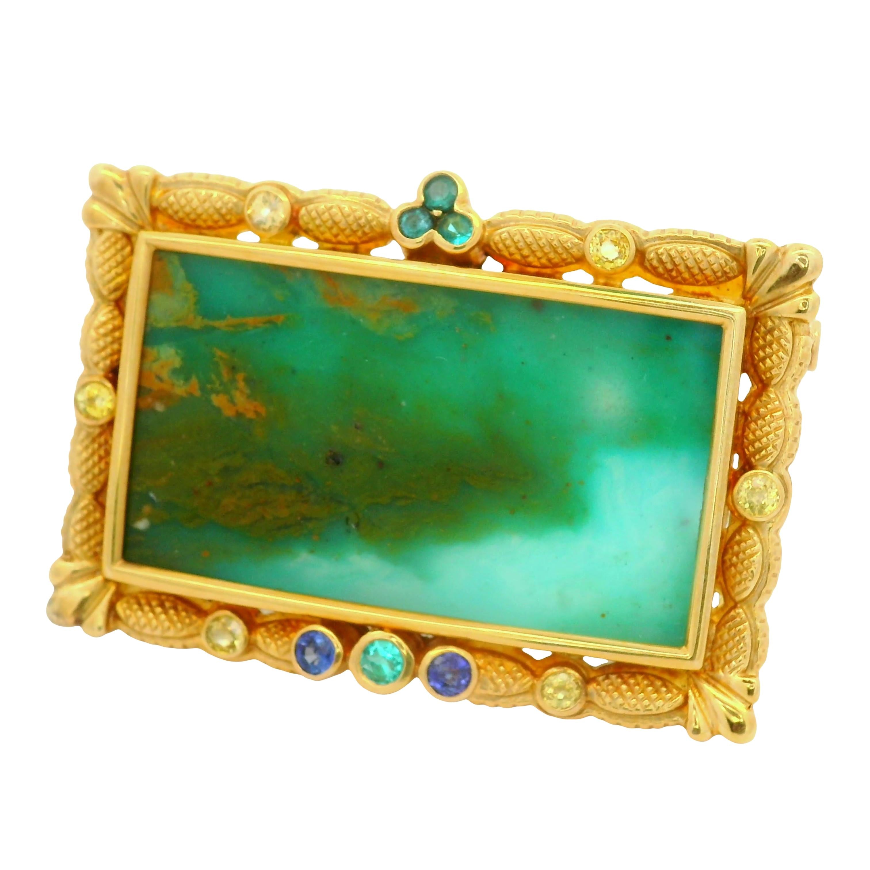21.75 Carat Opal Sapphire Paraiba 18K Yellow Gold Portrait Brooch-Pendant