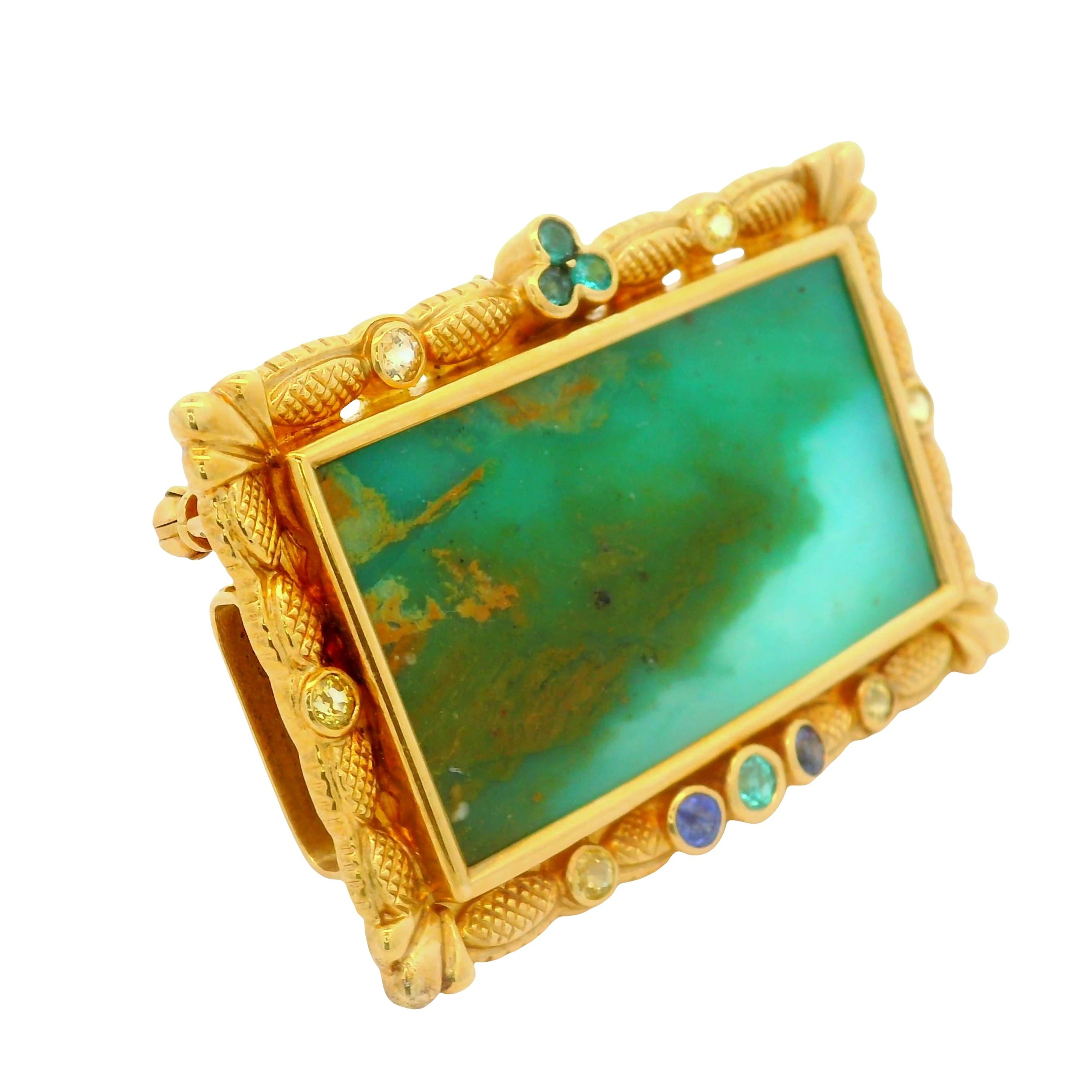 21.75 Carat Opal Sapphire Paraiba 18K Yellow Gold Portrait Brooch-Pendant