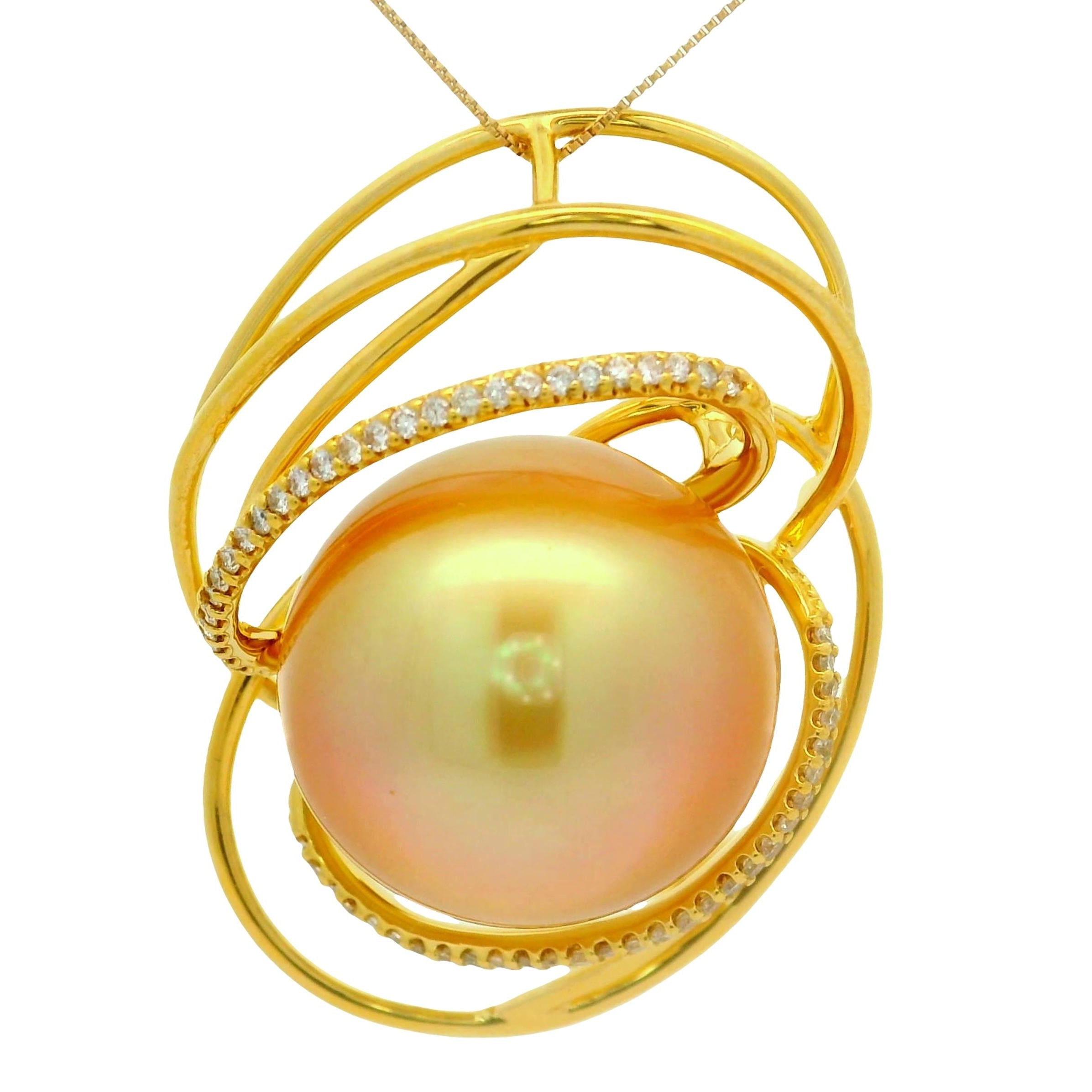 18mm Golden South Sea Pearl Diamond 18k Yellow Gold Orbital Pendant Chain