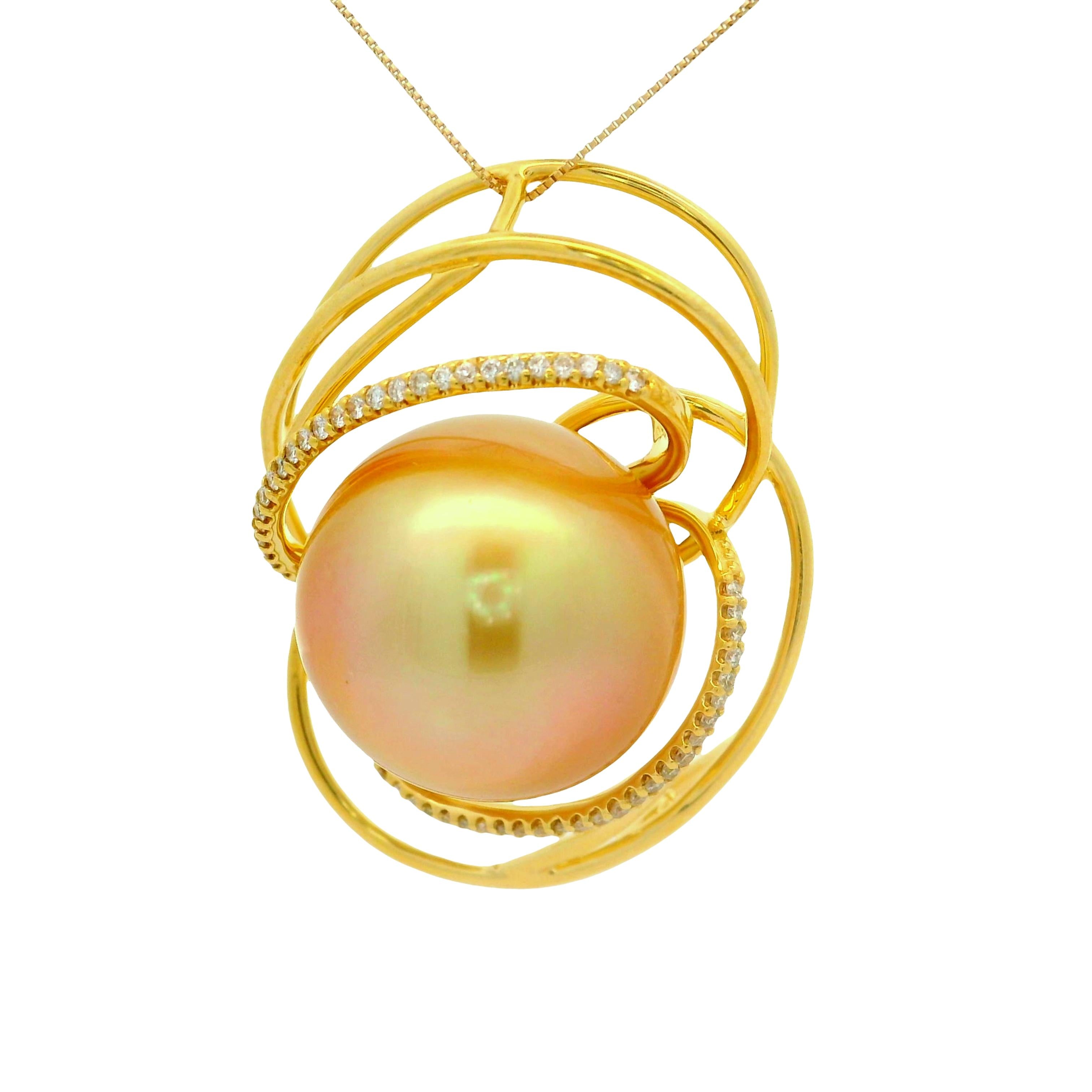 18mm Golden South Sea Pearl Diamond 18k Yellow Gold Orbital Pendant Chain