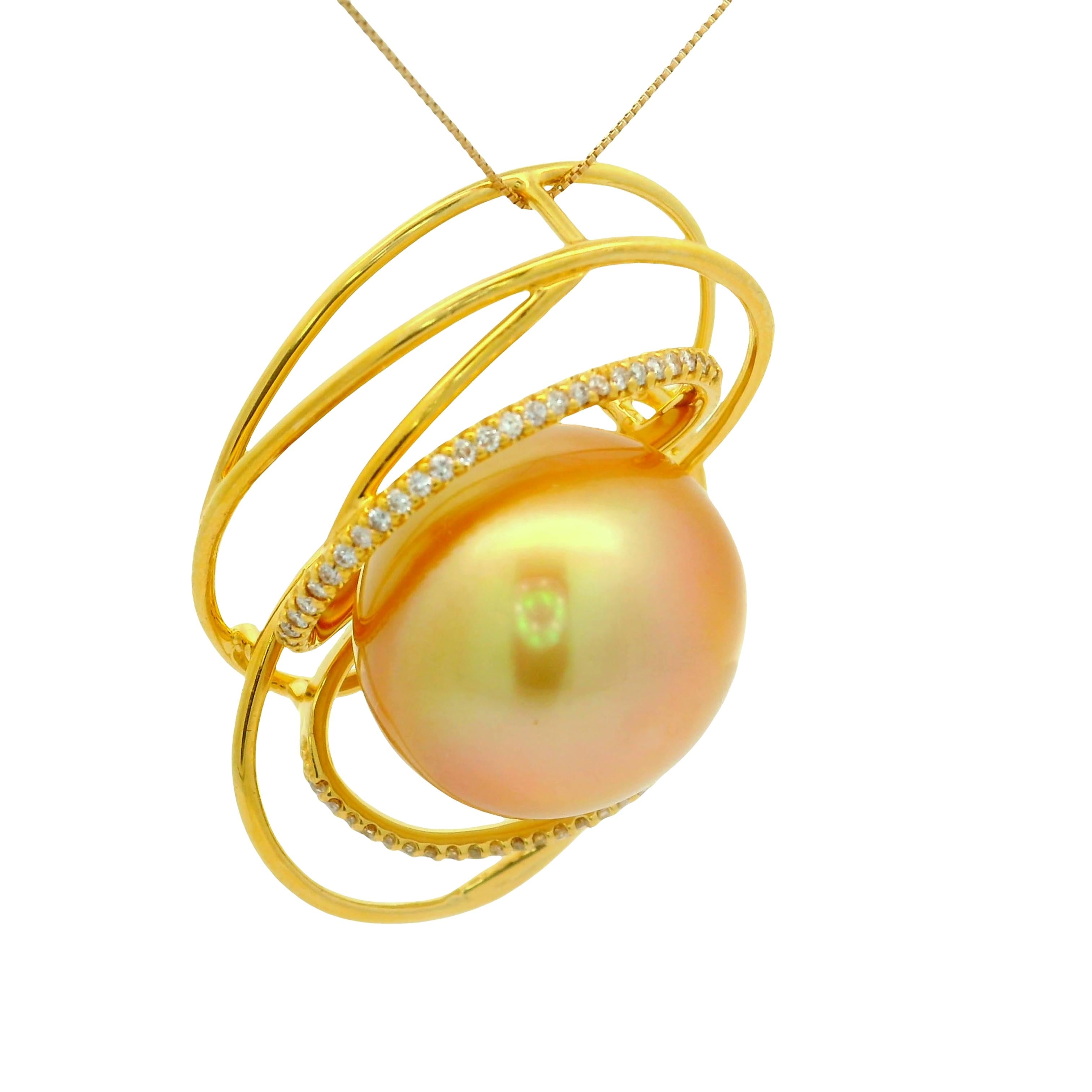 18mm Golden South Sea Pearl Diamond 18k Yellow Gold Orbital Pendant Chain