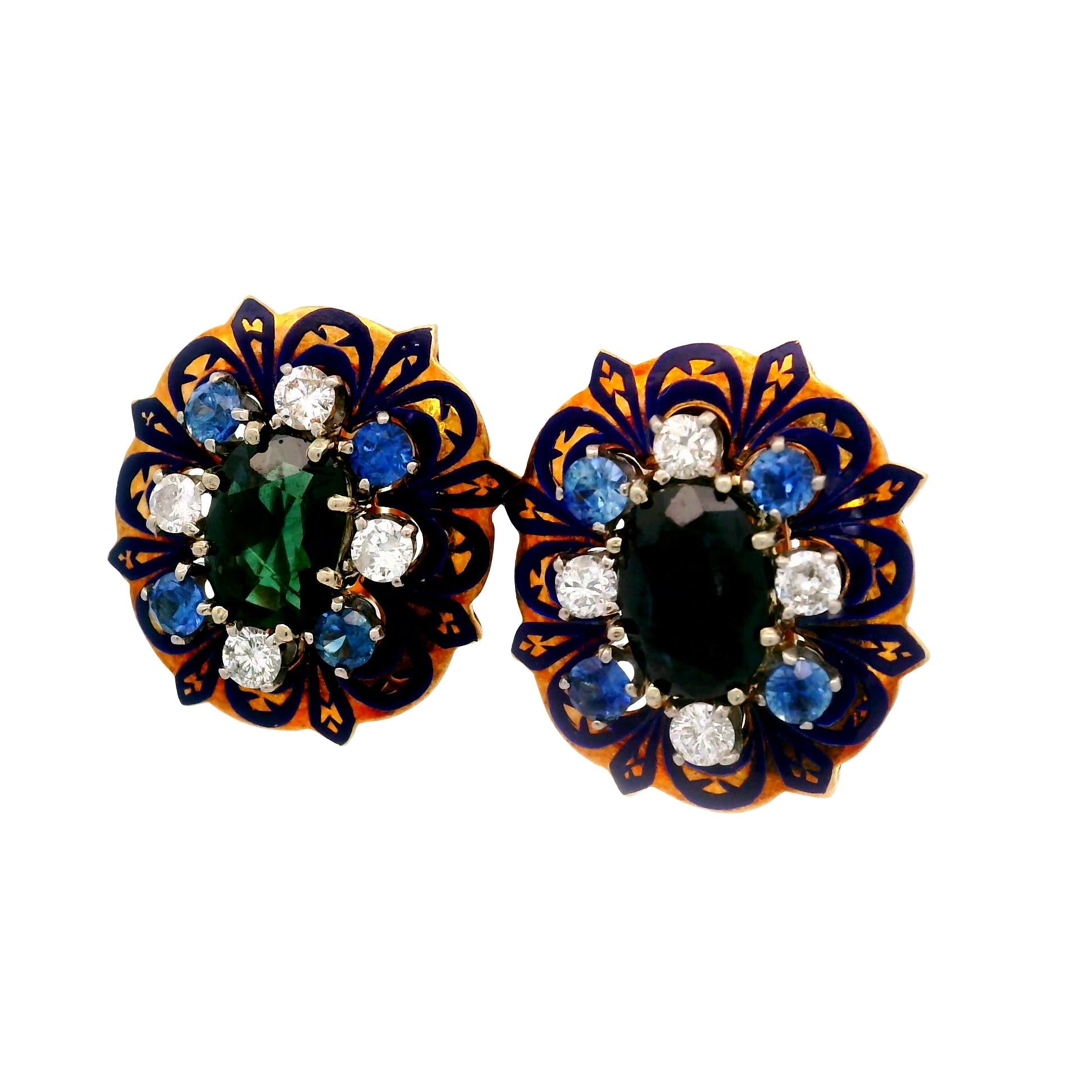 Mid-Century Sapphire Diamond Enamel 14k Yellow Gold Earrings