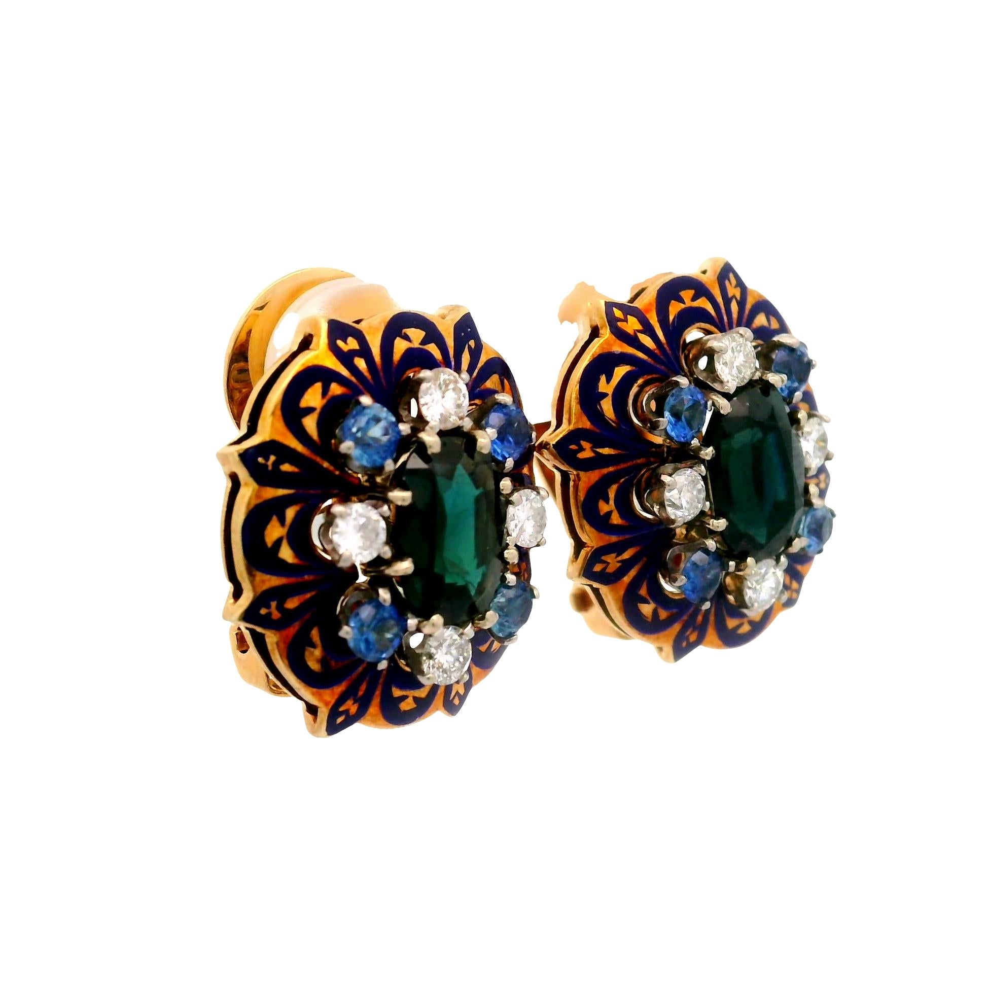 Mid-Century Sapphire Diamond Enamel 14k Yellow Gold Earrings