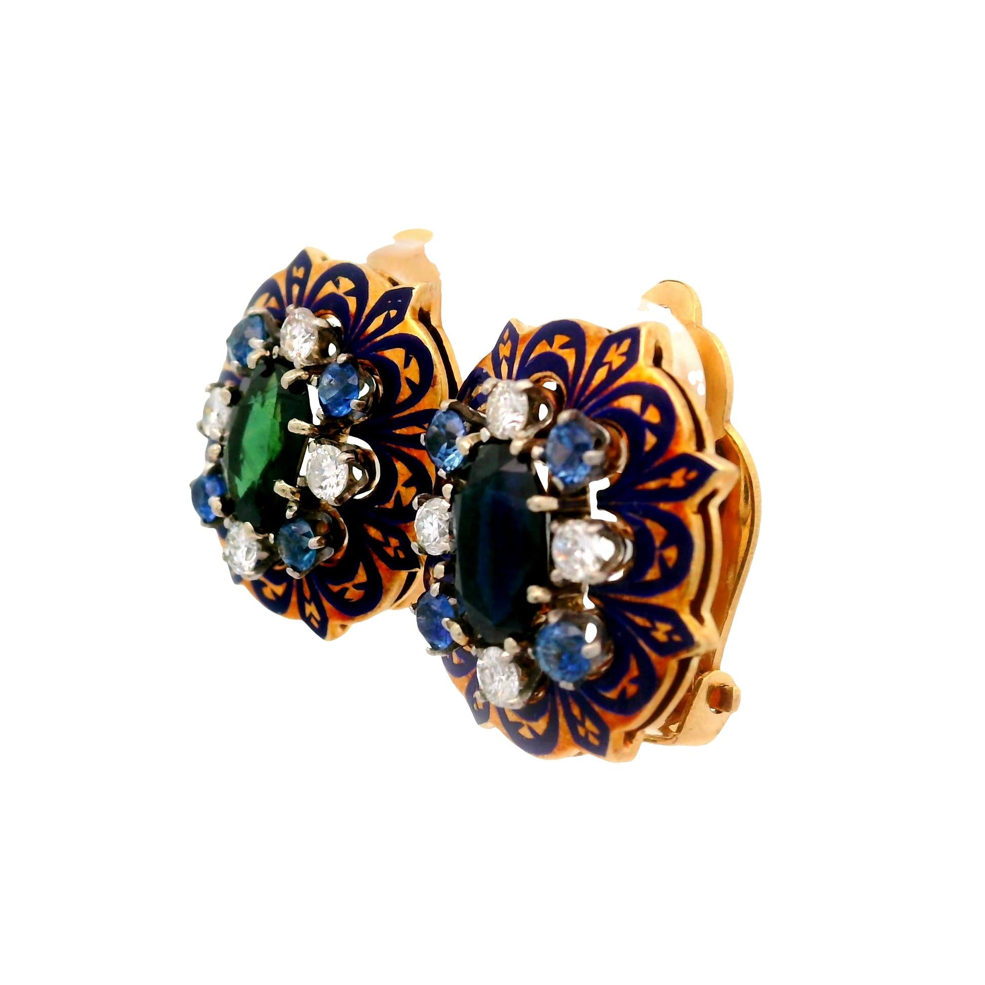 Mid-Century Sapphire Diamond Enamel 14k Yellow Gold Earrings