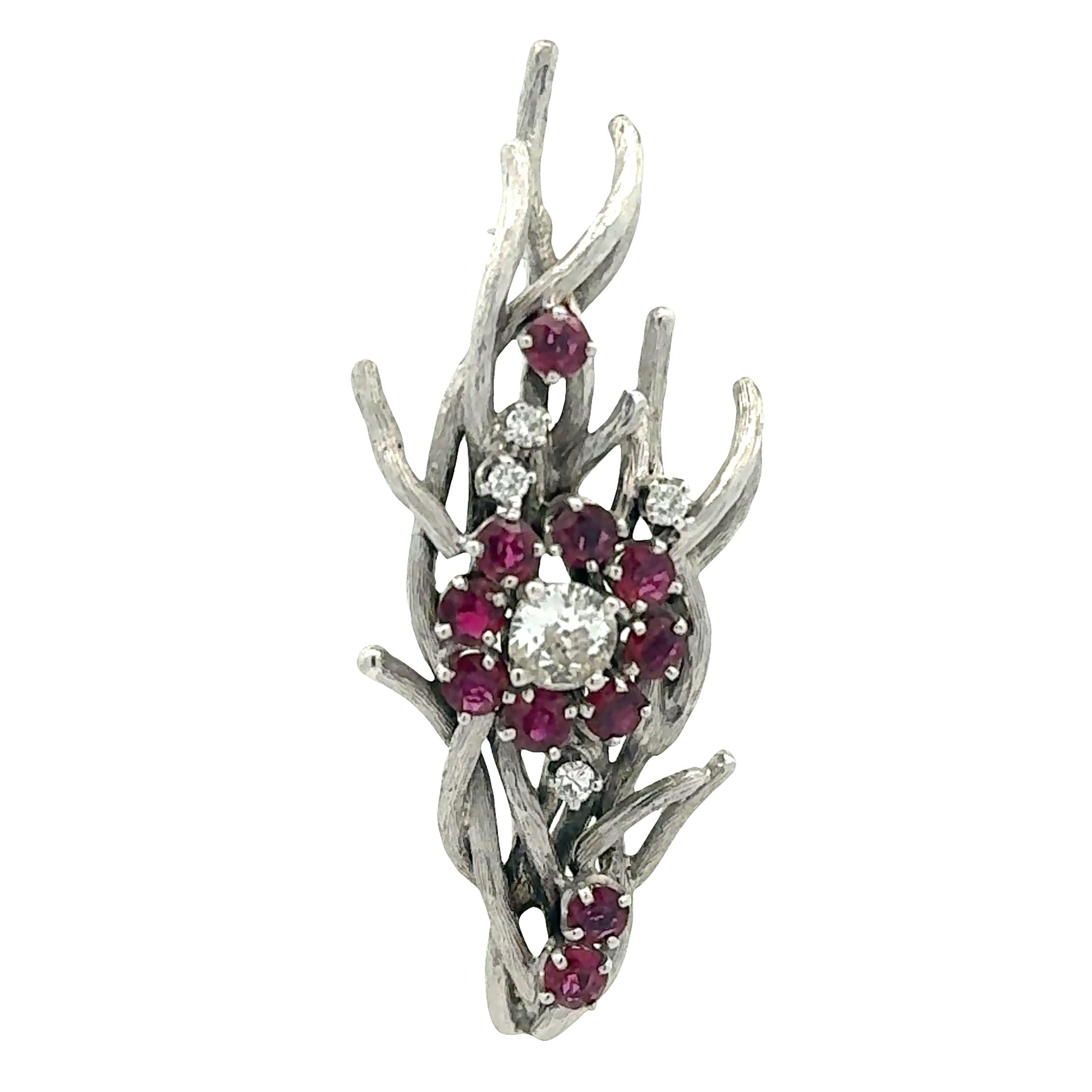 Ruby Diamond 18K White Gold Floral Motiff Brooch