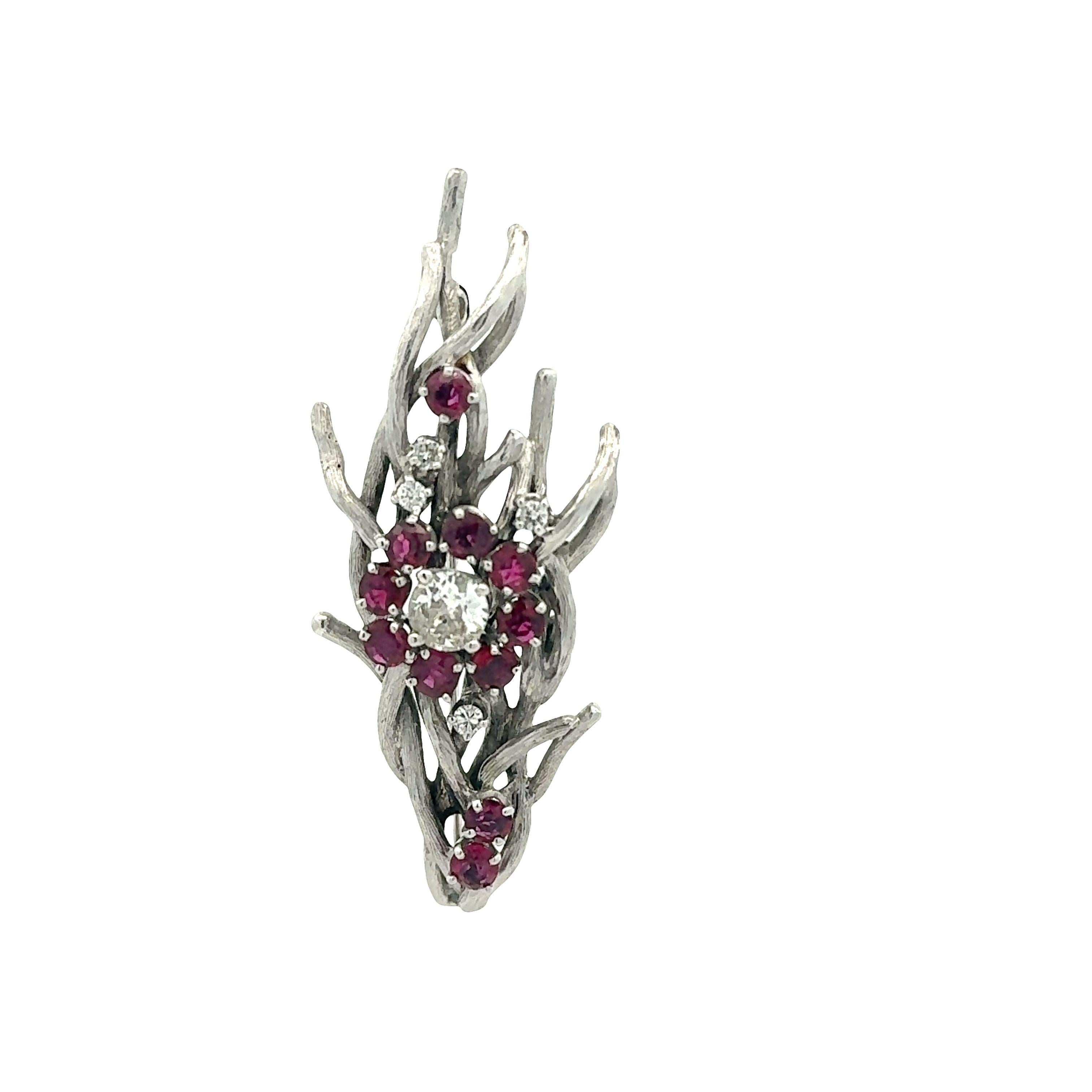 Ruby Diamond 18K White Gold Floral Motiff Brooch