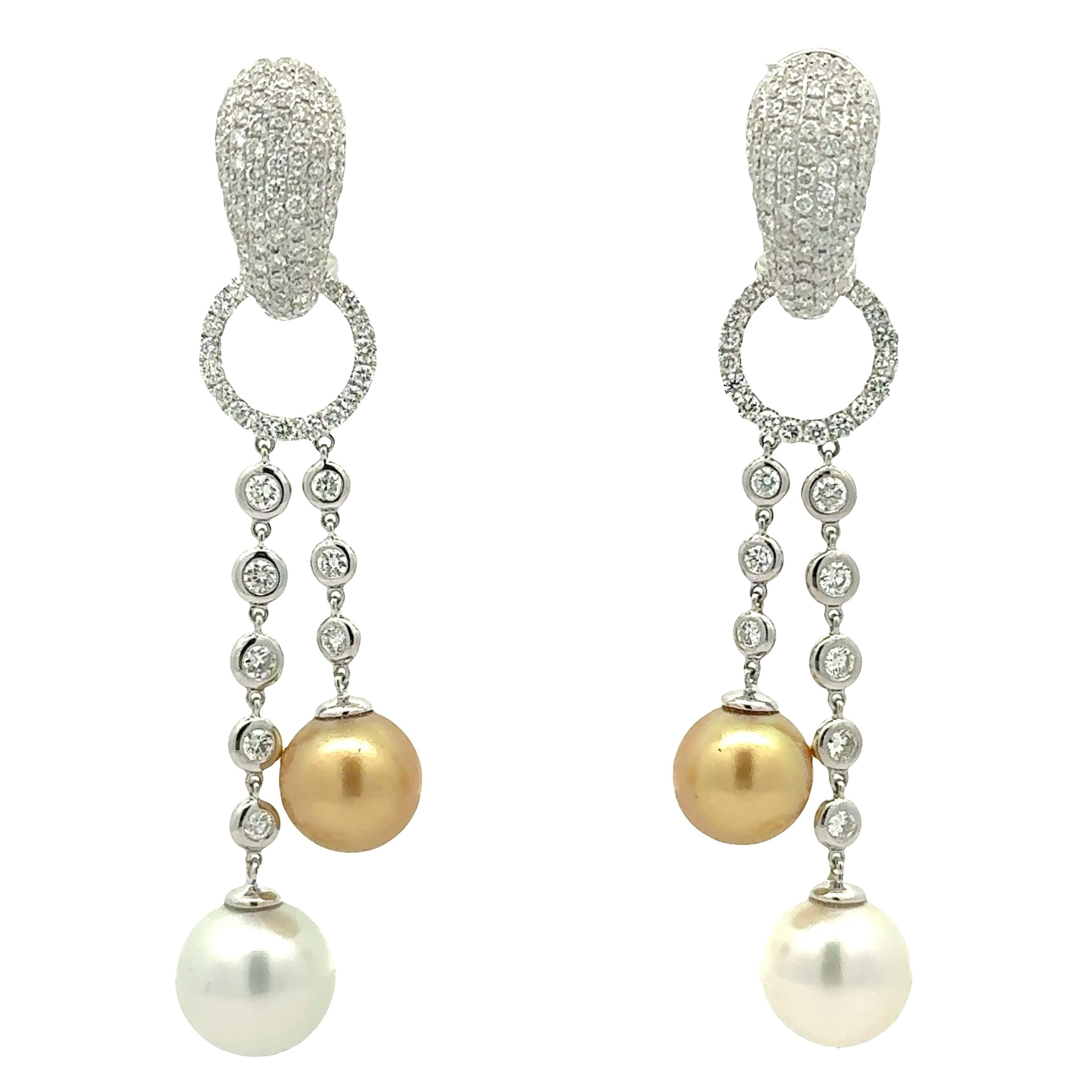 11mm South Sea Pearl Diamond 18k White Gold Huggie Drop Dangle Earrings