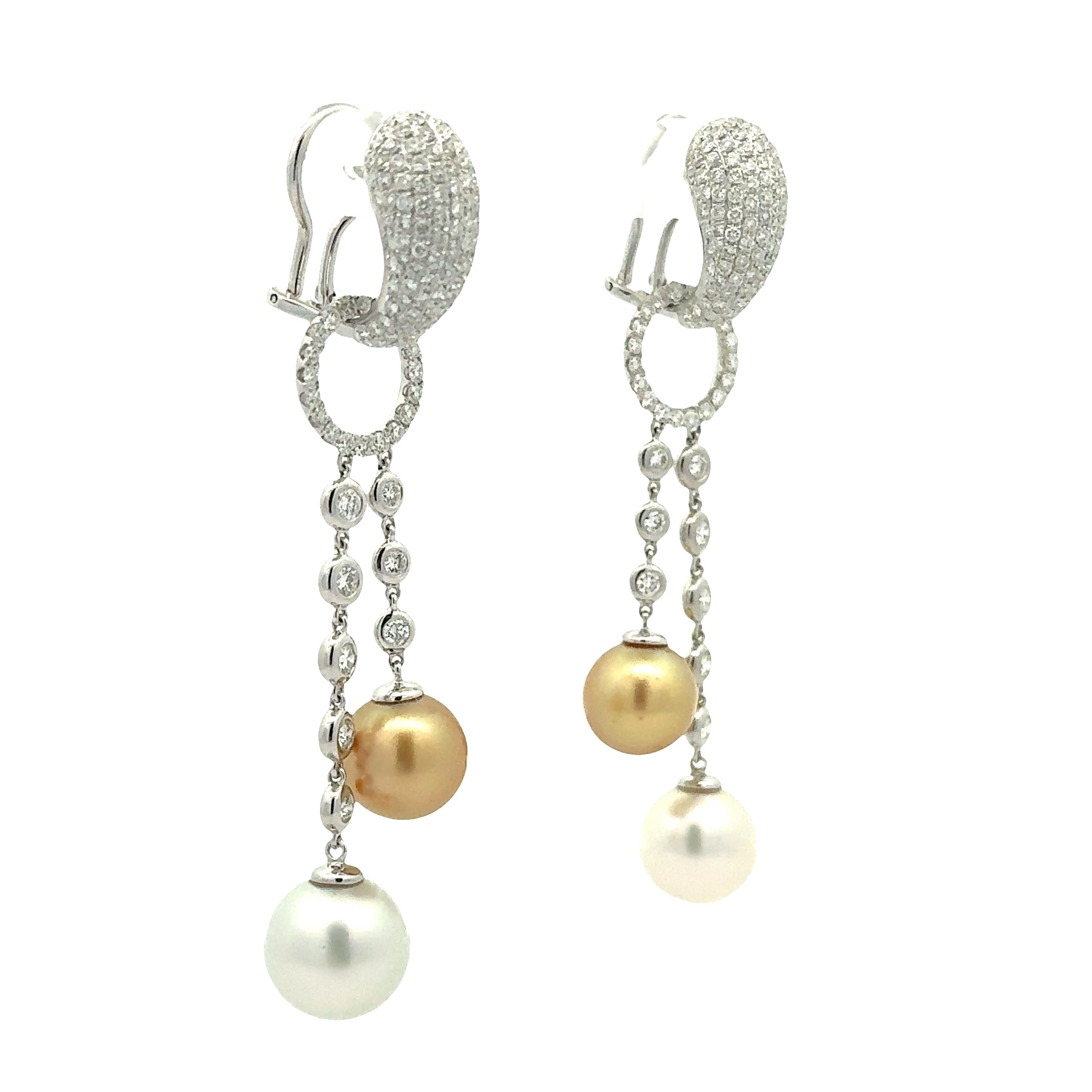 11mm South Sea Pearl Diamond 18k White Gold Huggie Drop Dangle Earrings