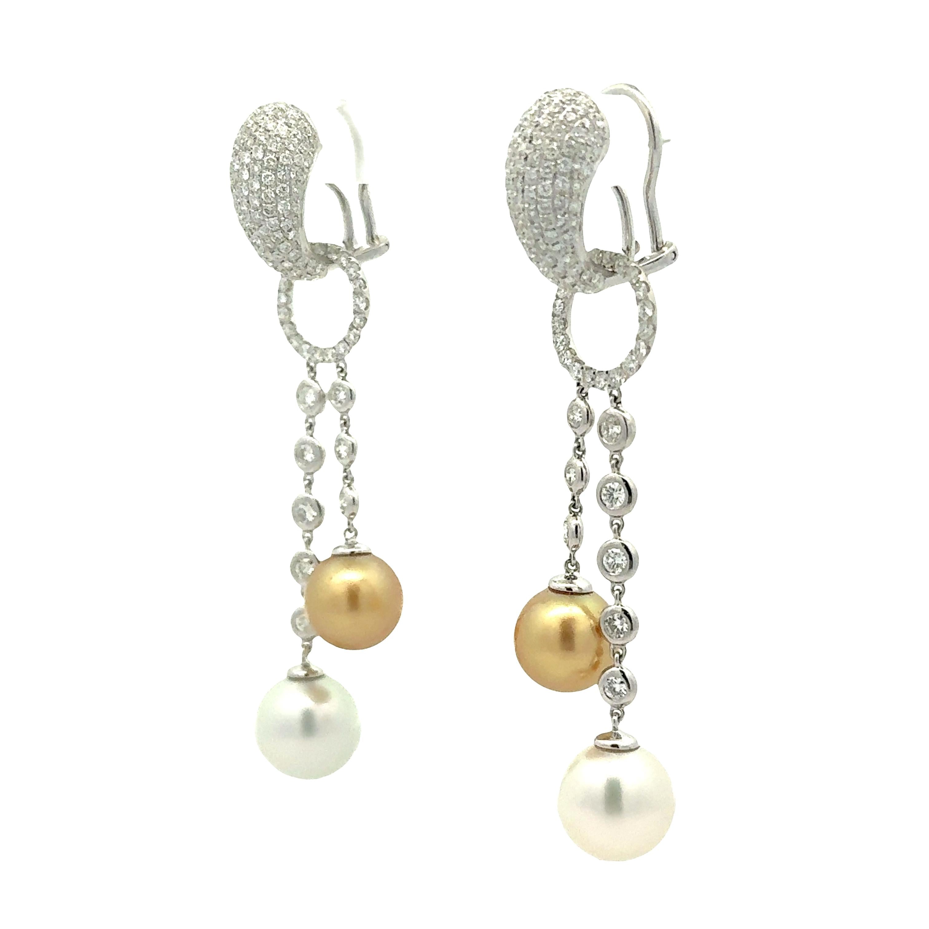 11mm South Sea Pearl Diamond 18k White Gold Huggie Drop Dangle Earrings