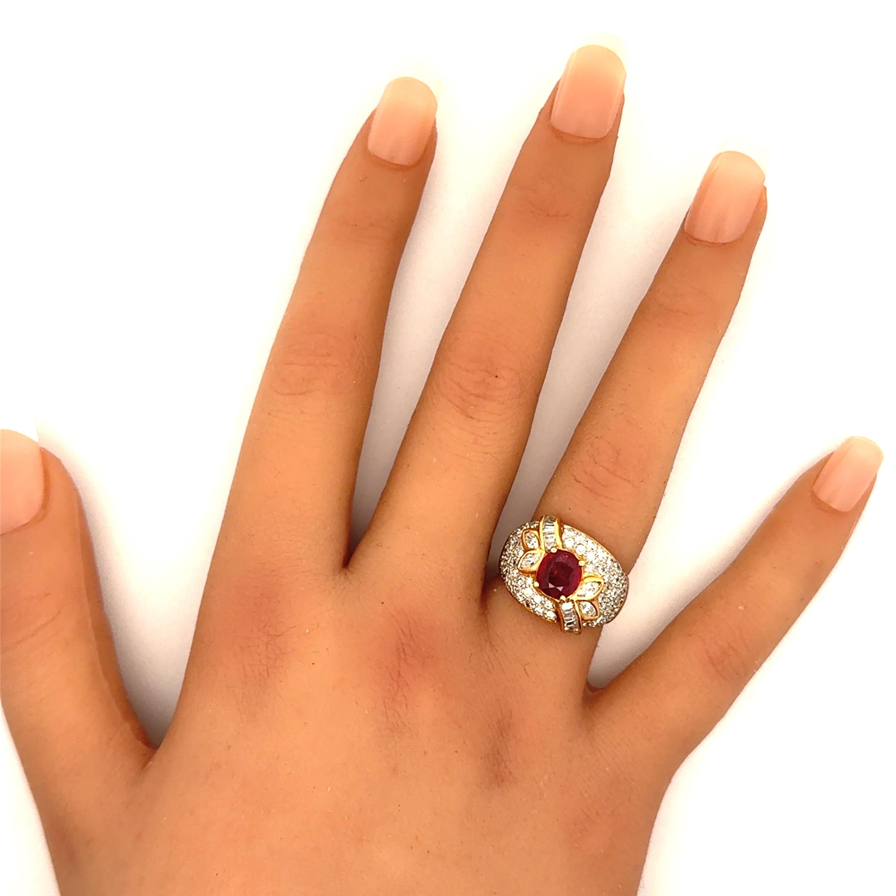 1.39 Carat Ruby Diamond Pave 18K Yellow Gold Ring
