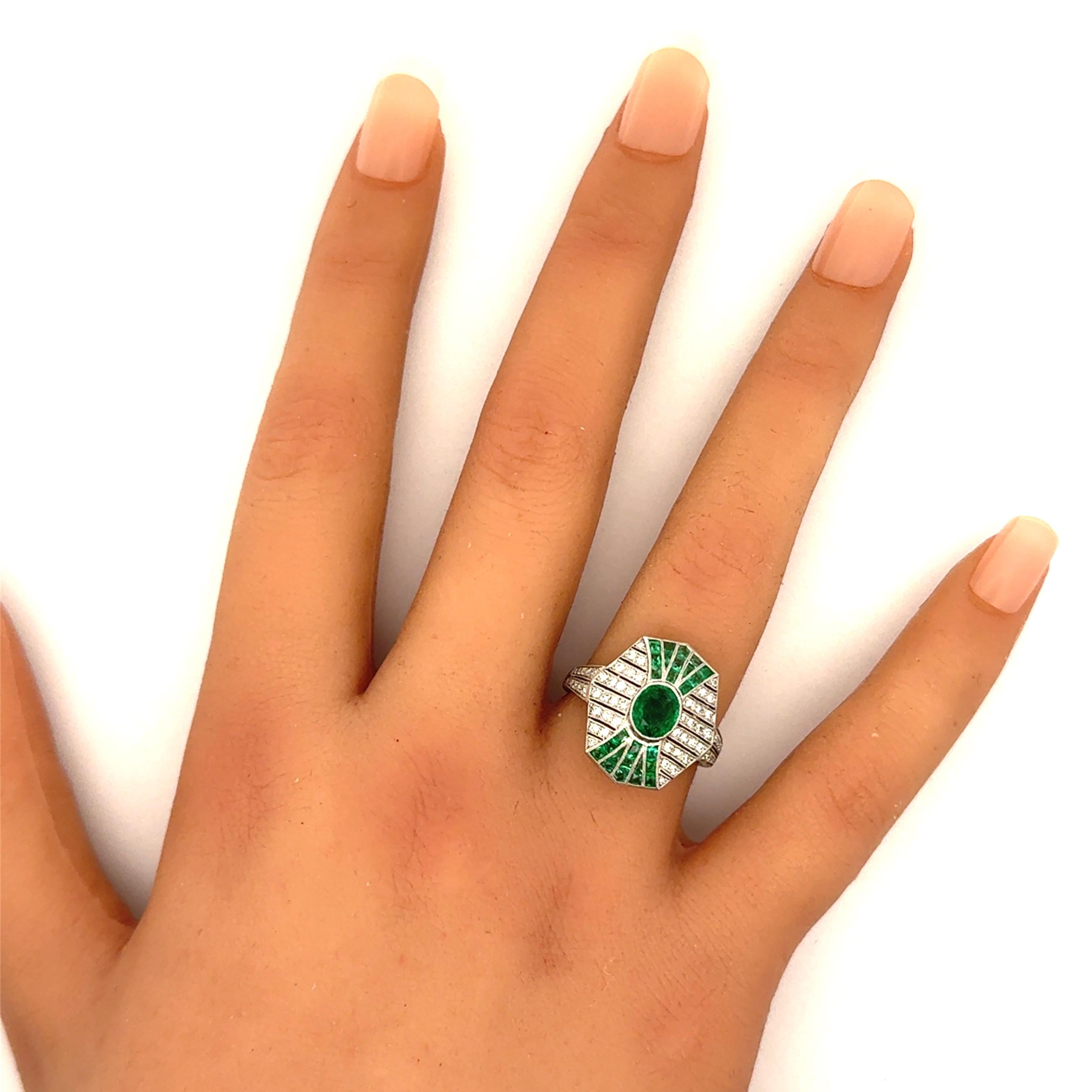 Emerald Diamond Platinum Art-Deco Style Ring
