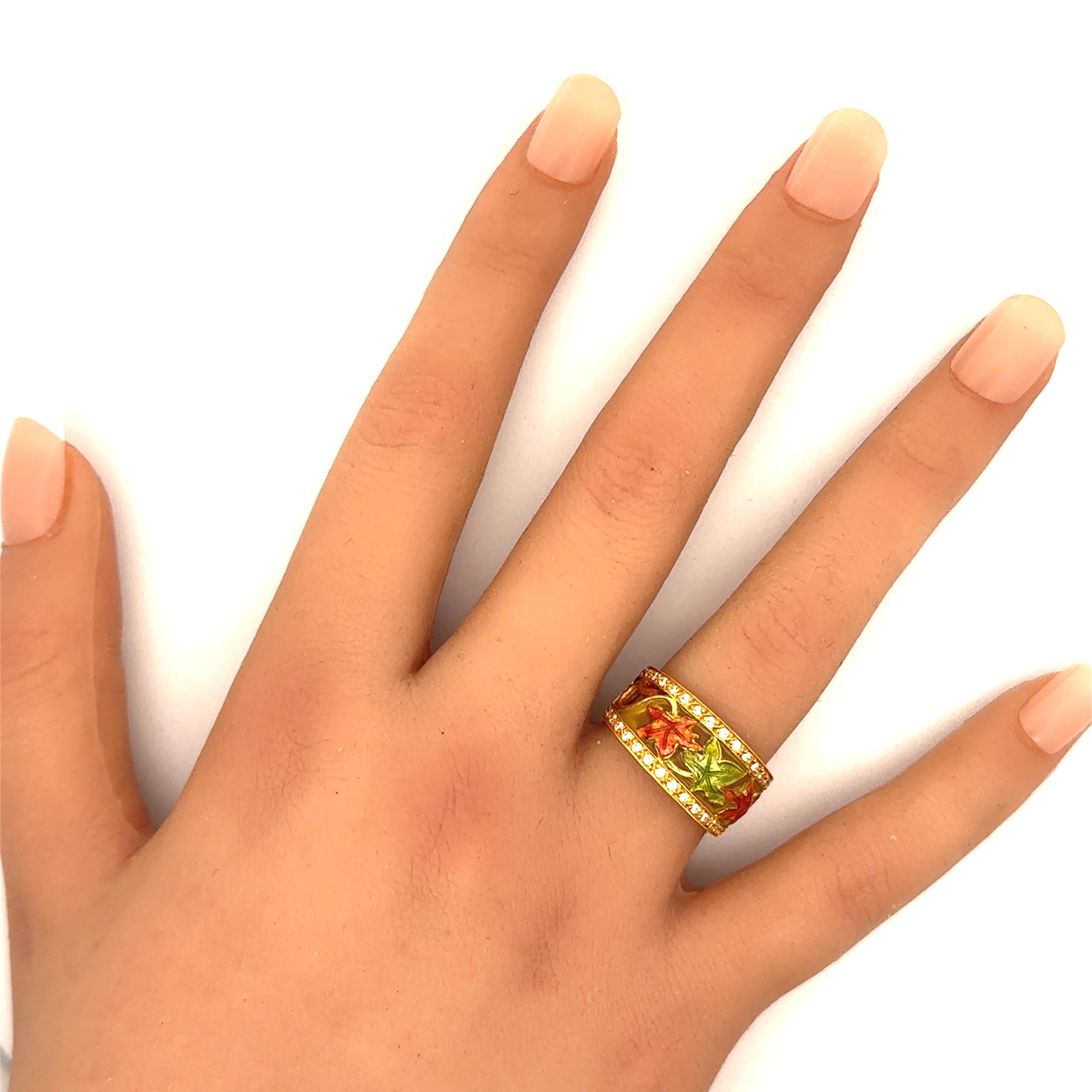 Masriera Diamond 18K Yellow Gold Enamel Leaves Motif Ring
