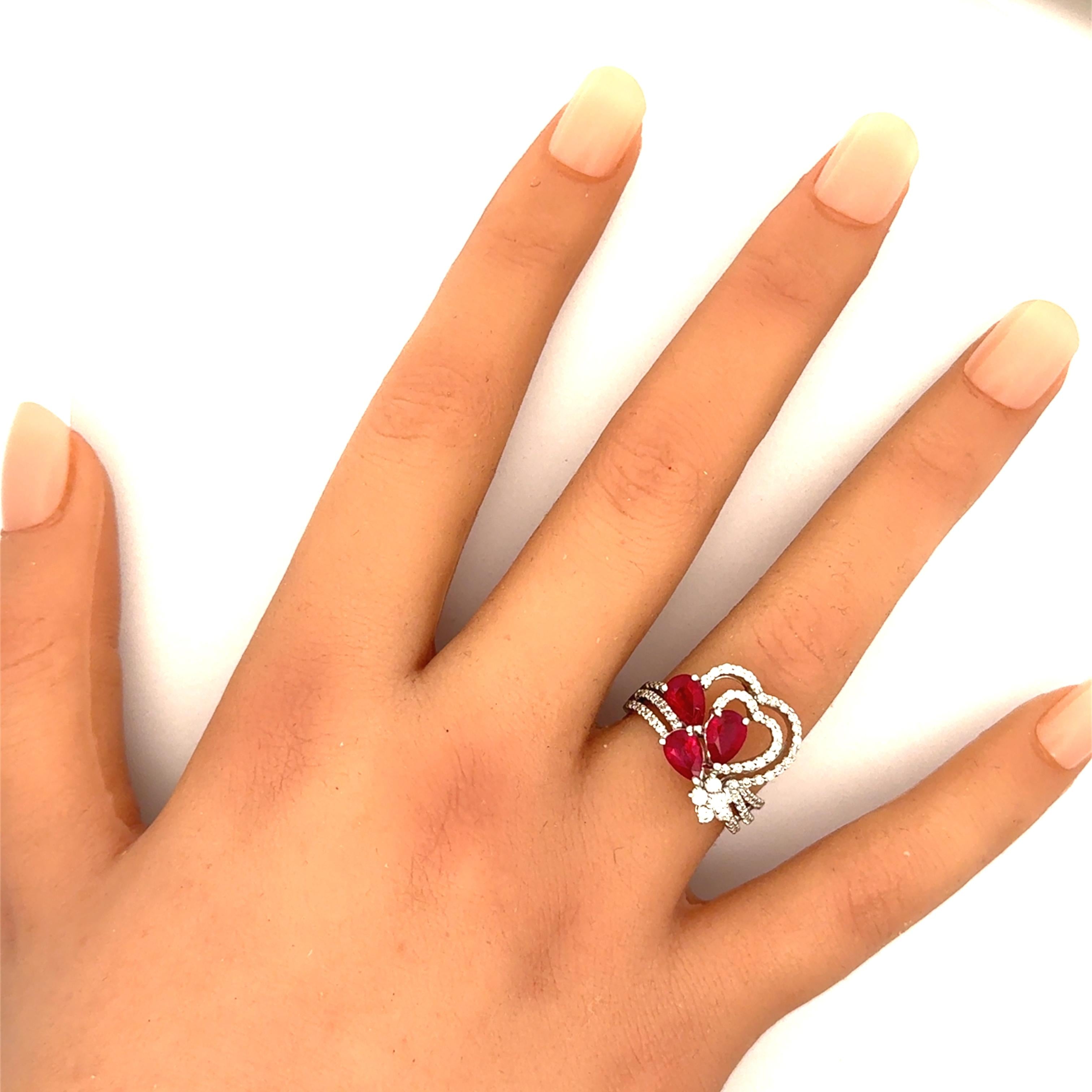 Ruby Diamond 18K White Gold Hearts and Flower Motif Ring