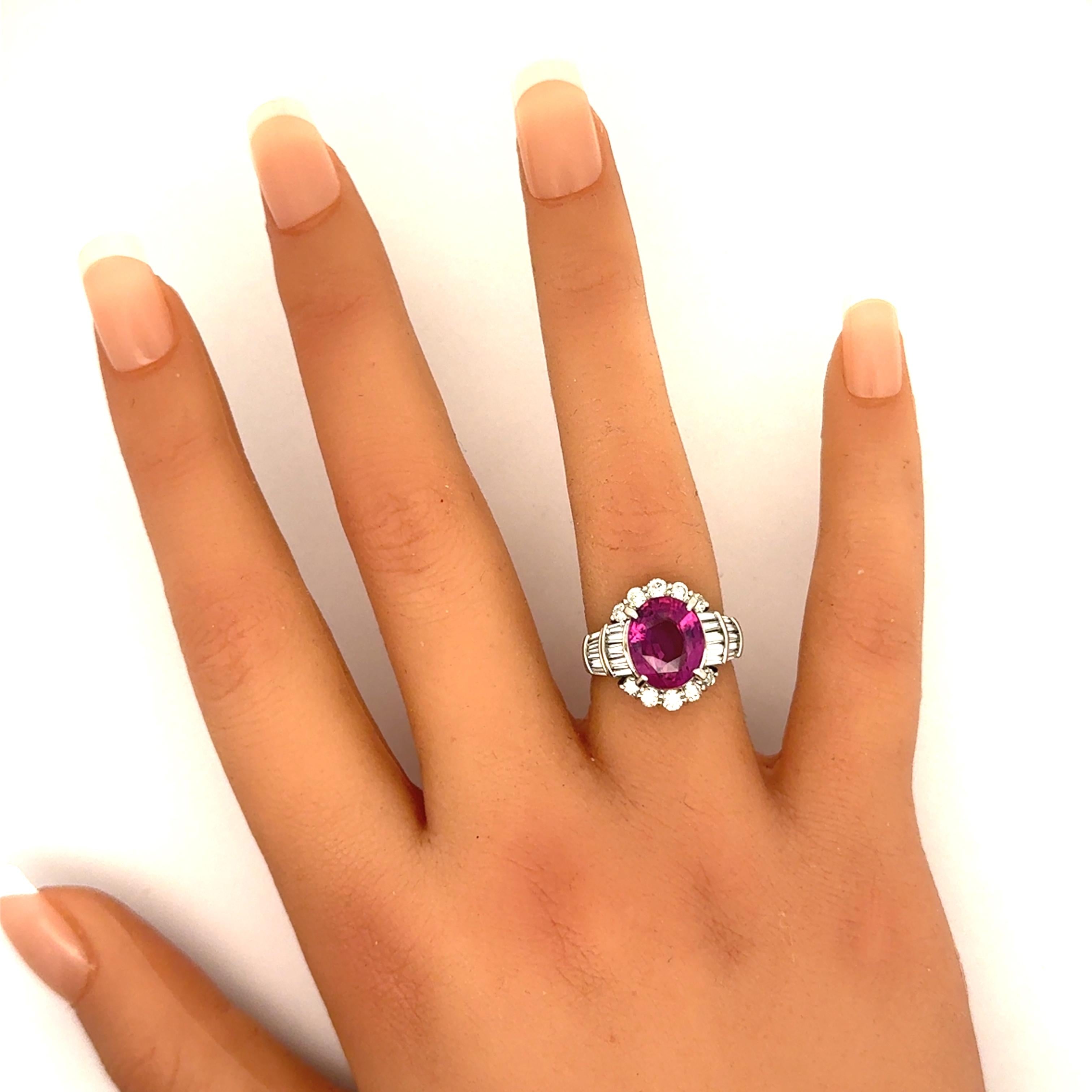 4.41 Carat Vivid Purplish Red Ruby Diamond Platinum Ring, AIGS Certified