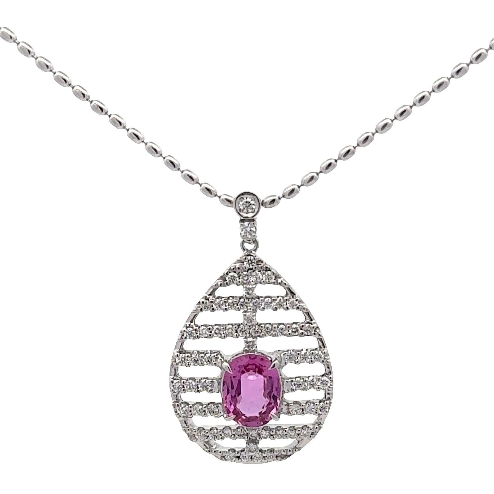 2.16 Carat Pink Sapphire Diamond 18K White Gold Pendant Necklace