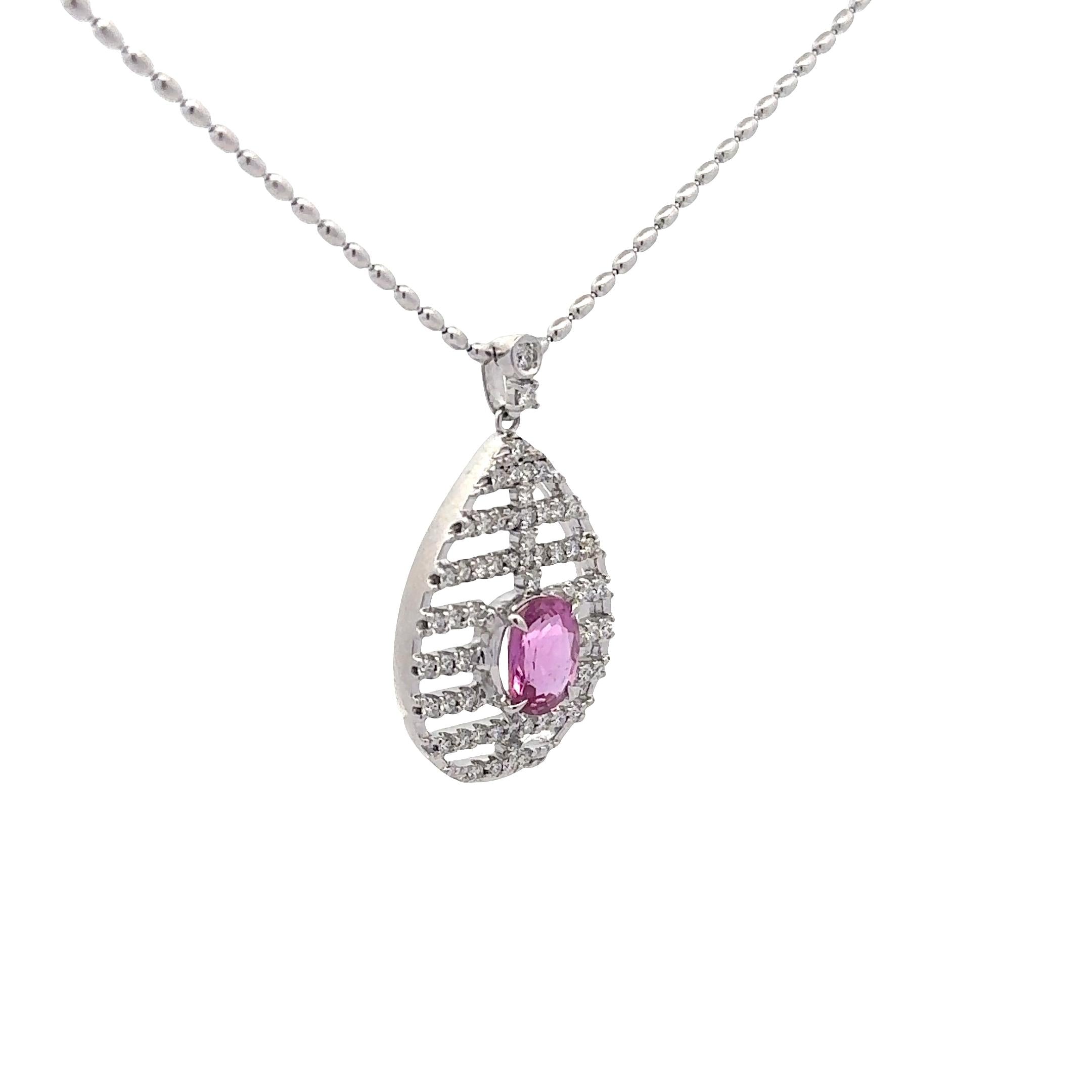 2.16 Carat Pink Sapphire Diamond 18K White Gold Pendant Necklace
