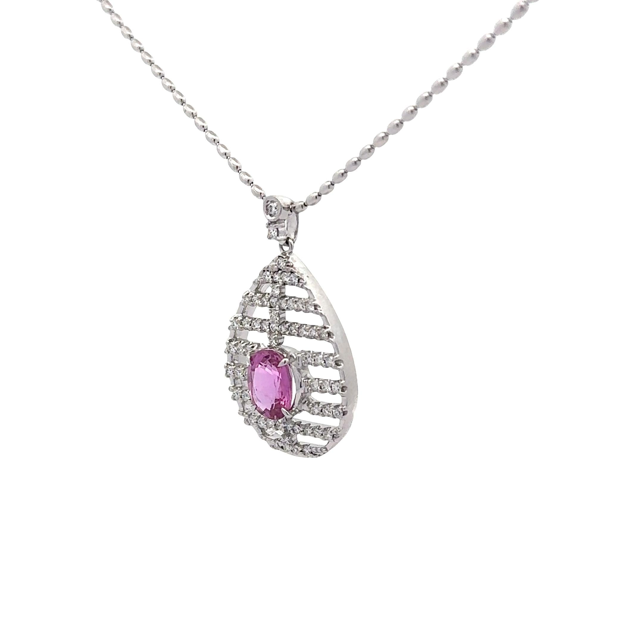 2.16 Carat Pink Sapphire Diamond 18K White Gold Pendant Necklace