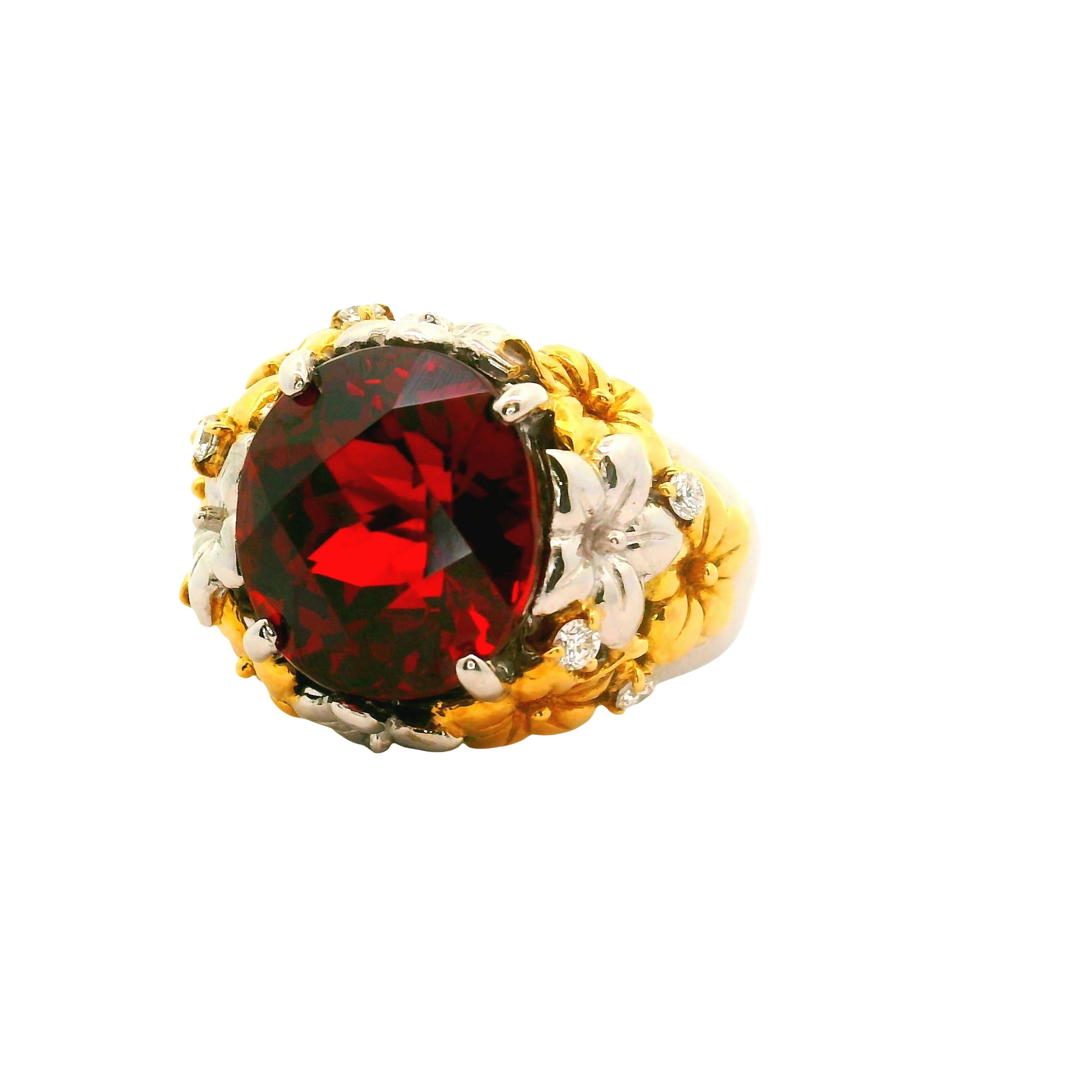 8.41 Carat Garnet Diamond Platinum-18K Yellow Gold Flower Motif Ring