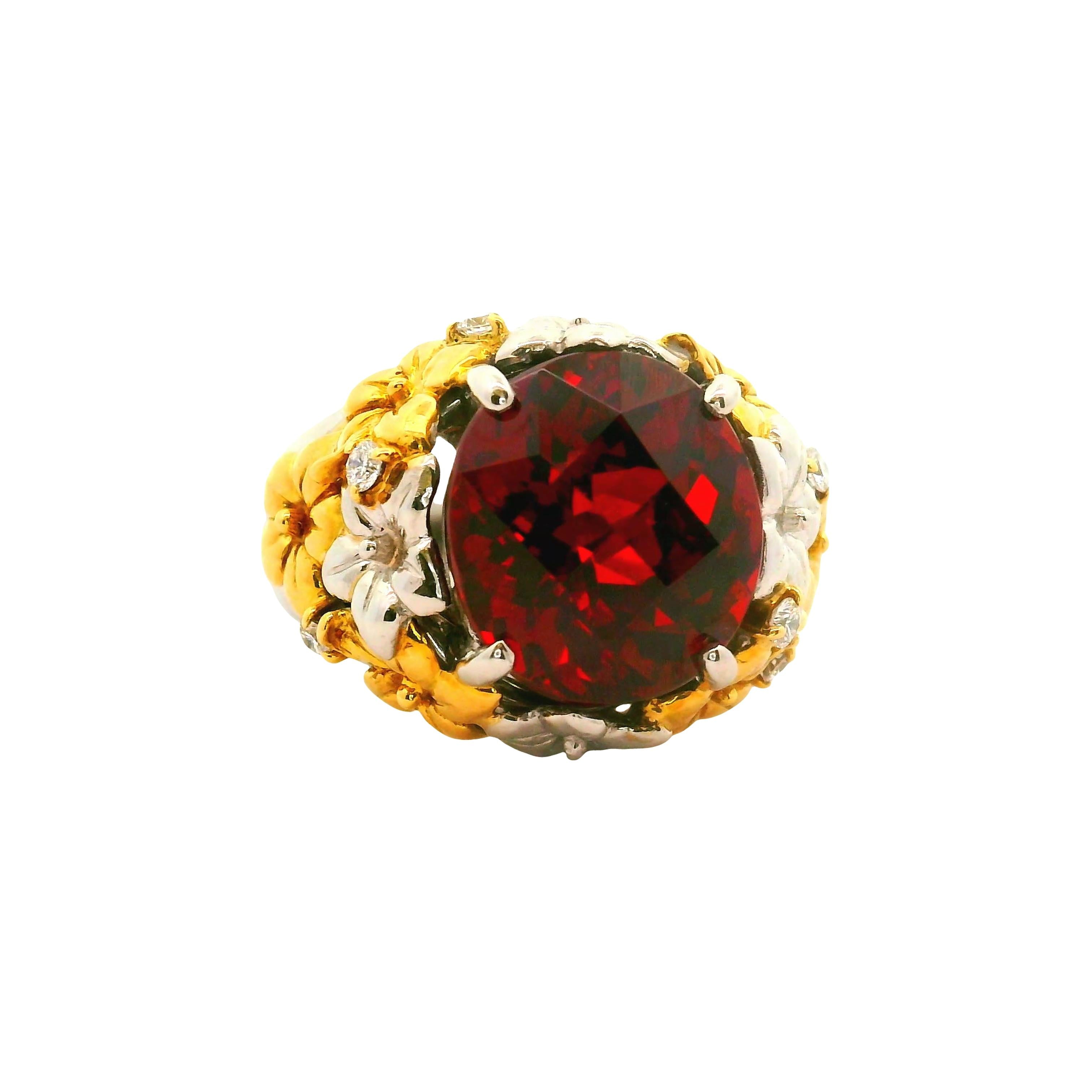 8.41 Carat Garnet Diamond Platinum-18K Yellow Gold Flower Motif Ring