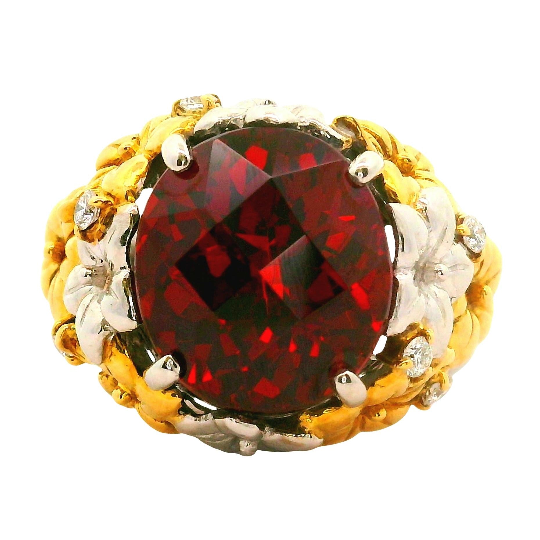 8.41 Carat Garnet Diamond Platinum-18K Yellow Gold Flower Motif Ring