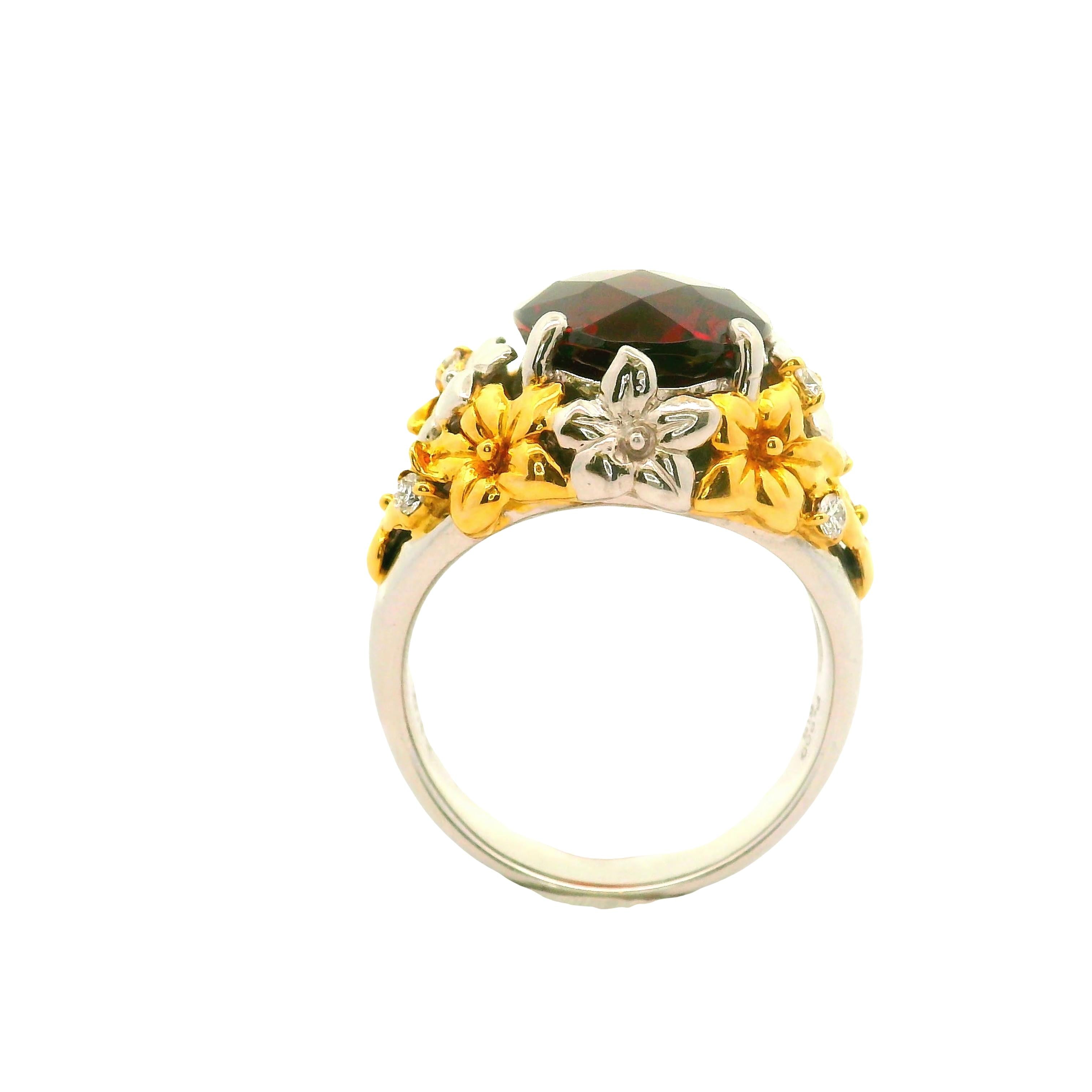 8.41 Carat Garnet Diamond Platinum-18K Yellow Gold Flower Motif Ring